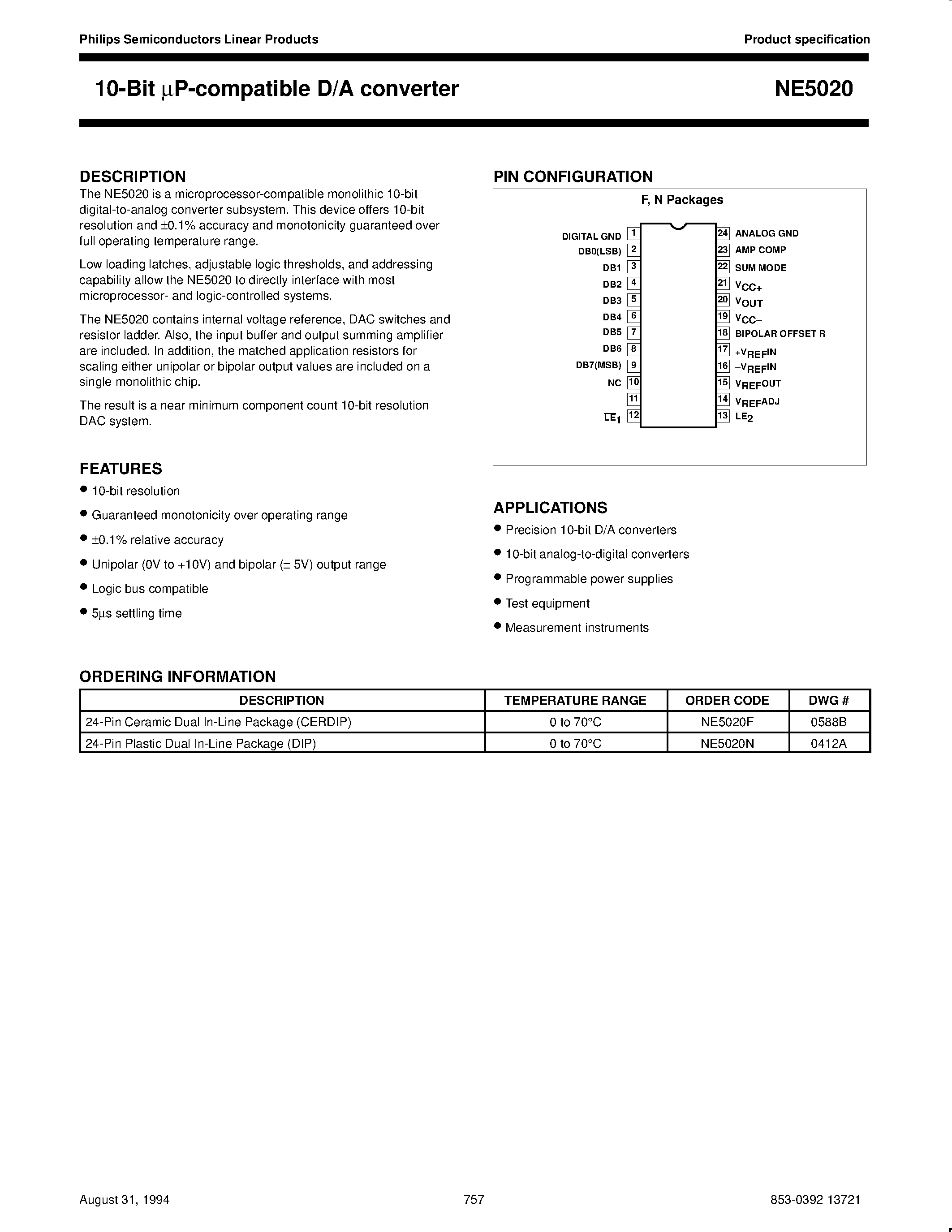 Даташит NE5020N - 10-Bit mP-compatible D/A converter страница 1