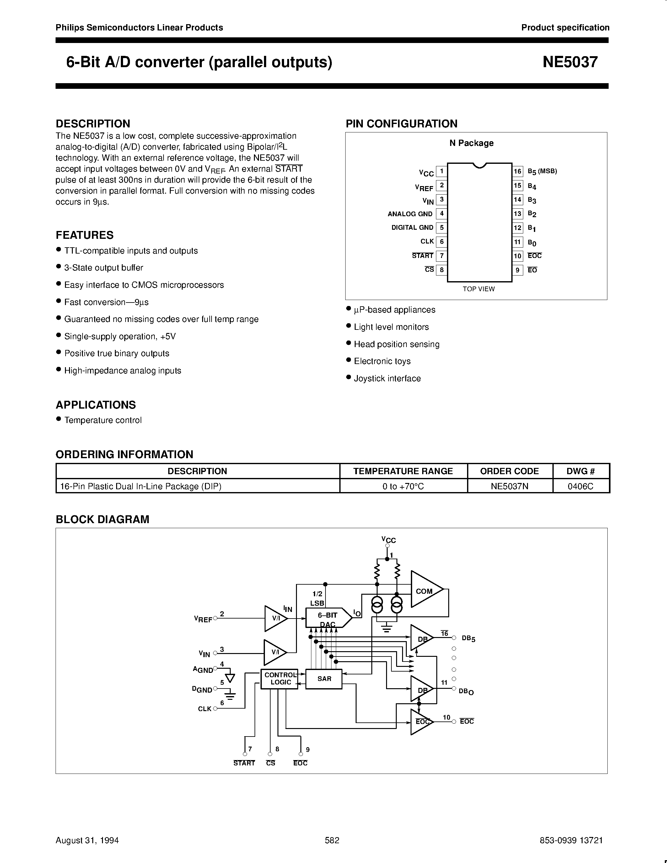 Datasheet NE5037 - 6-Bit A/D converter parallel outputs page 1