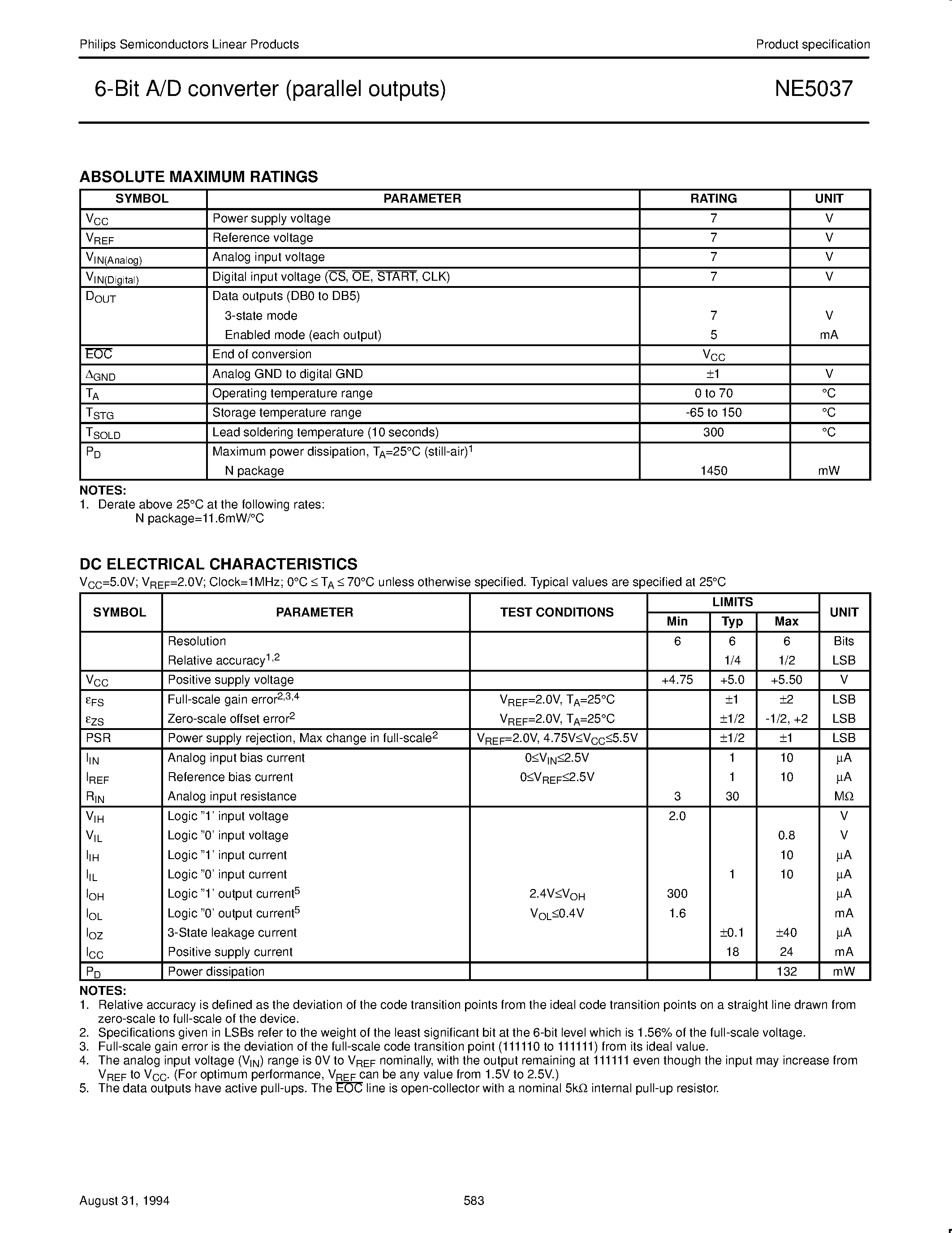 Datasheet NE5037 - 6-Bit A/D converter parallel outputs page 2