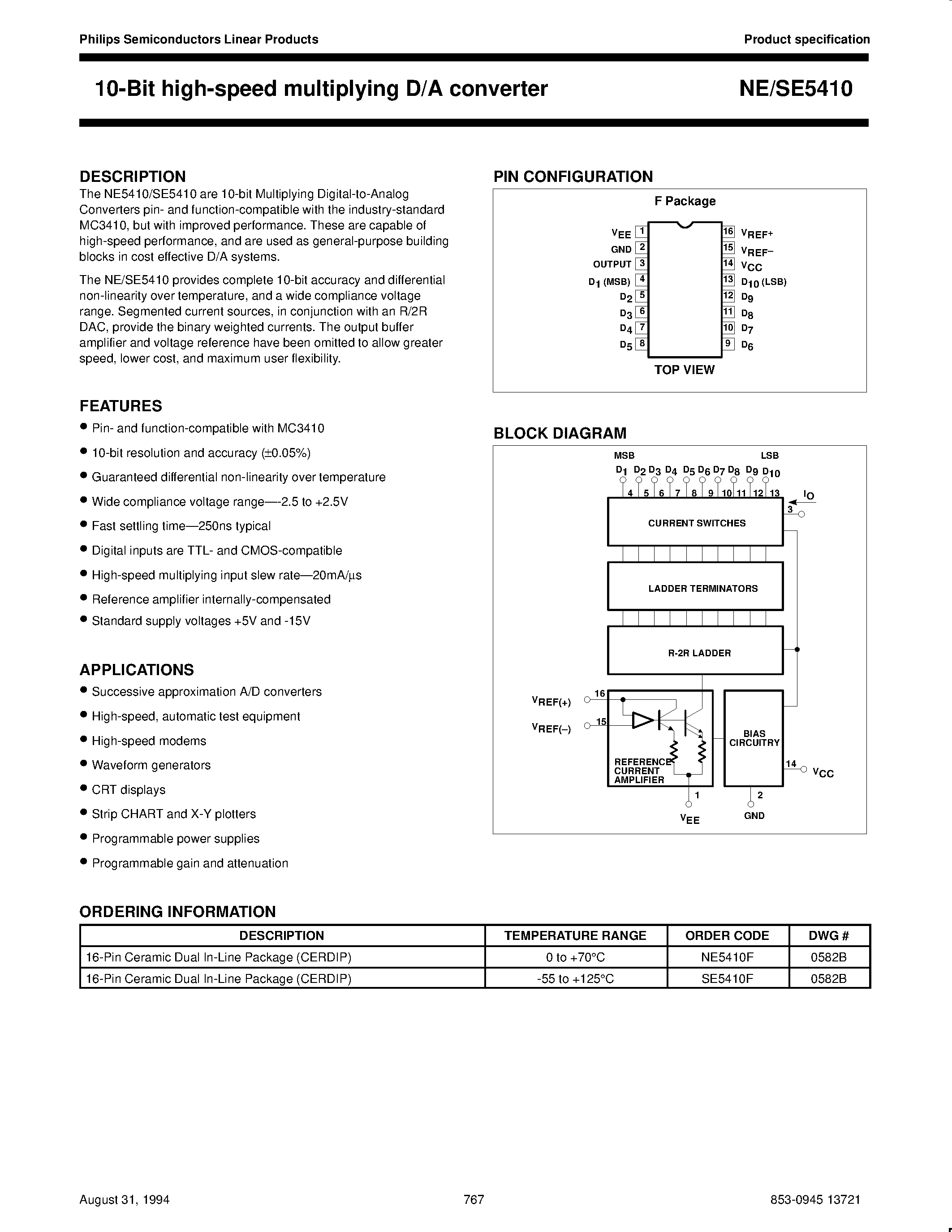 Даташит NE5410 - 10-Bit high-speed multiplying D/A converter страница 1