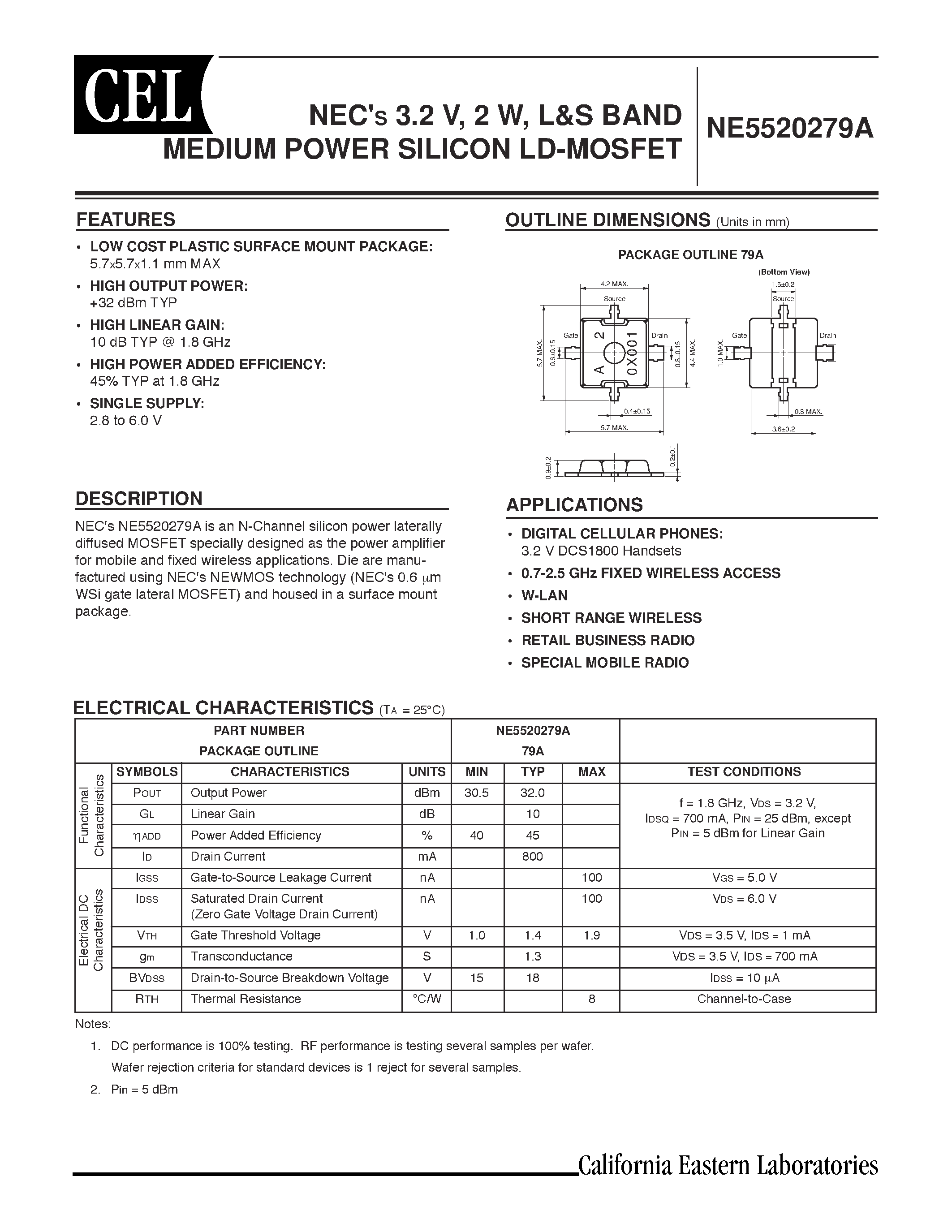 Даташит NE5520279A-T1 - NECS 3.2 V / 2 W / L&S BAND MEDIUM POWER SILICON LD-MOSFET страница 1