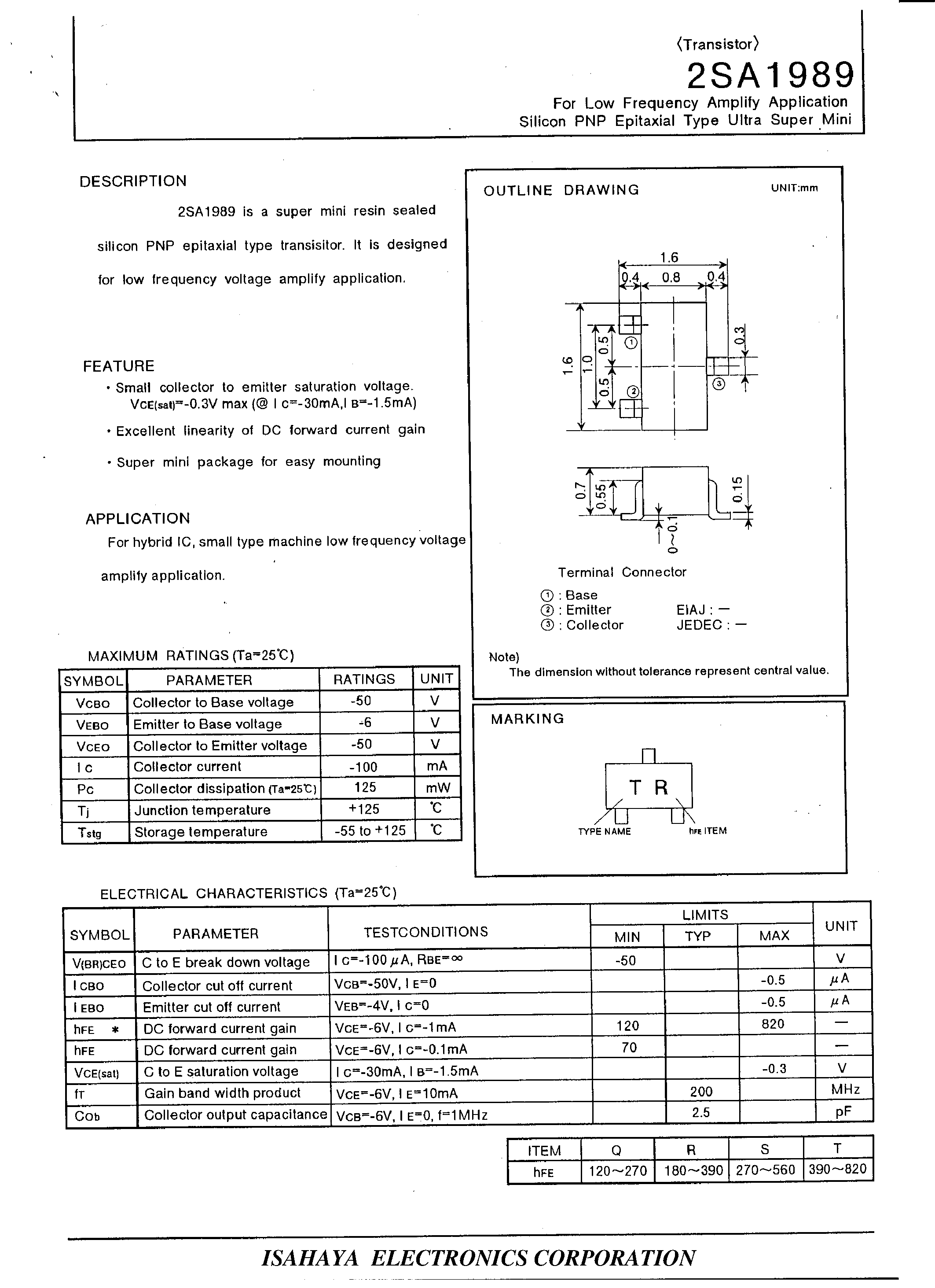 Datasheet 2SA1989 - For Low Frequency Amplify Application Silicon PNP Epitaxial Type Uitra Super Nini page 1