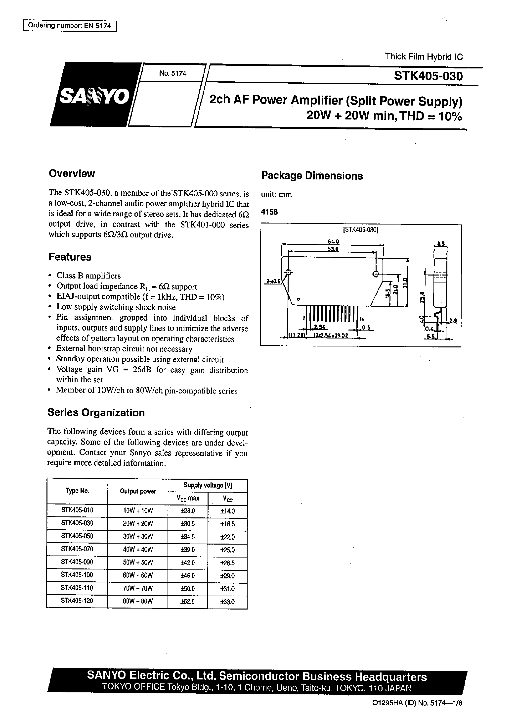 Datasheet STK405-030 page 1 Datasheet STK405-030 - 2ch AF Power Amplifier (Split Power Supply) 20W + 20 W min / THD =10% page 1