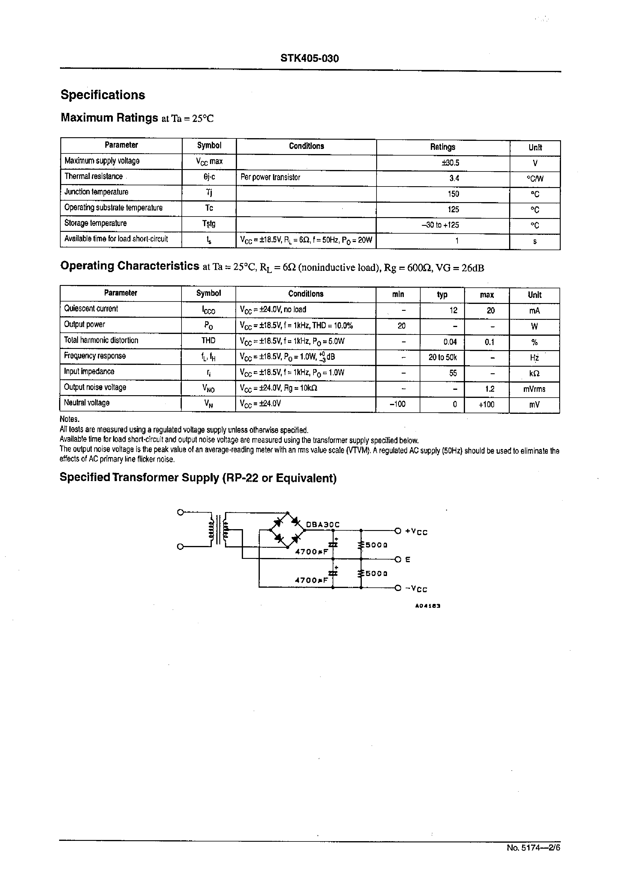 Datasheet STK405-030 page 2 Datasheet STK405-030 - 2ch AF Power Amplifier (Split Power Supply) 20W + 20 W min / THD =10% page 2
