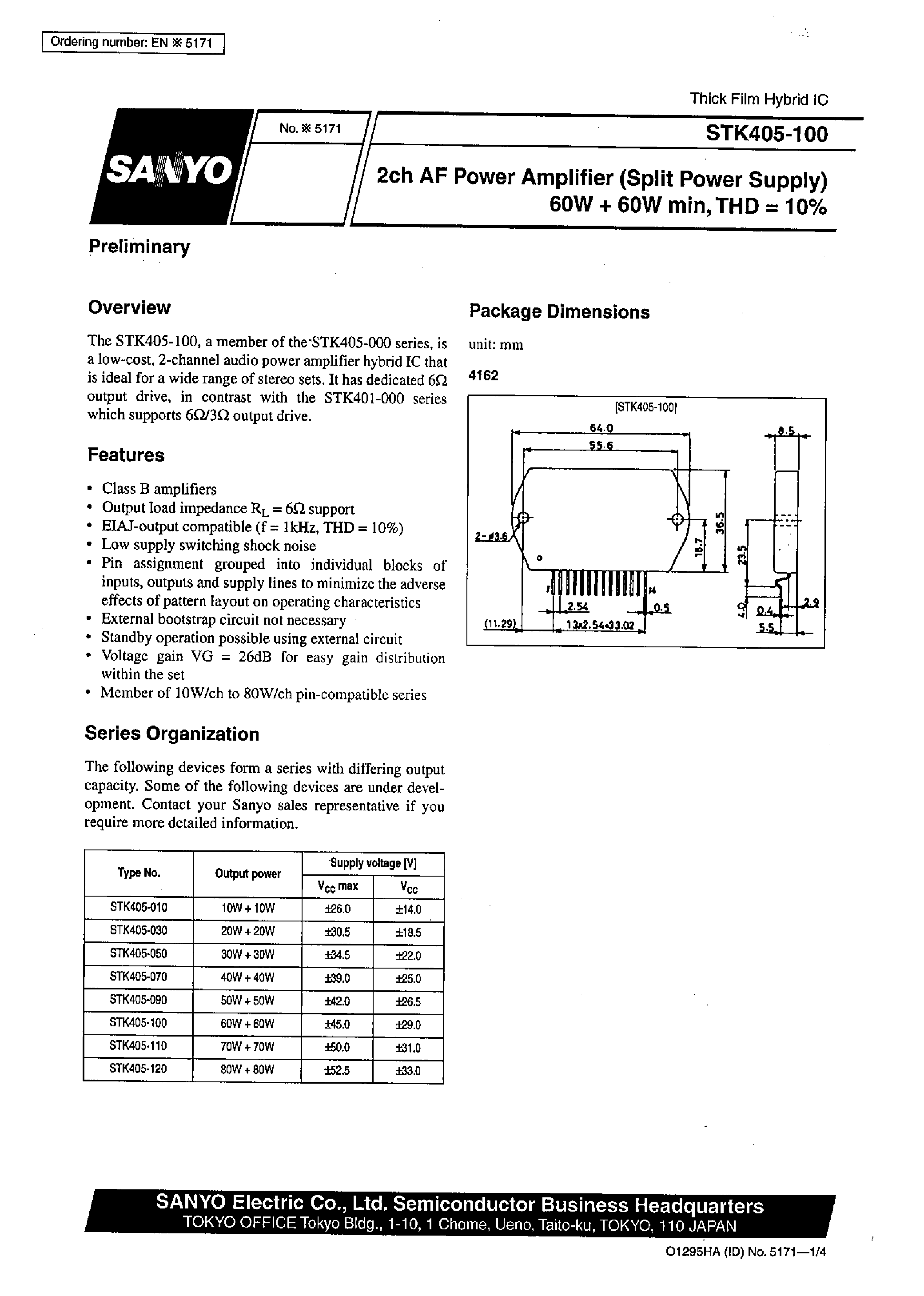 Datasheet STK405-100 page 1 Datasheet STK405-100 - 2ch AF Power Amplifier (Split Power Supply) 70W + 70 W min / THD =10% page 1