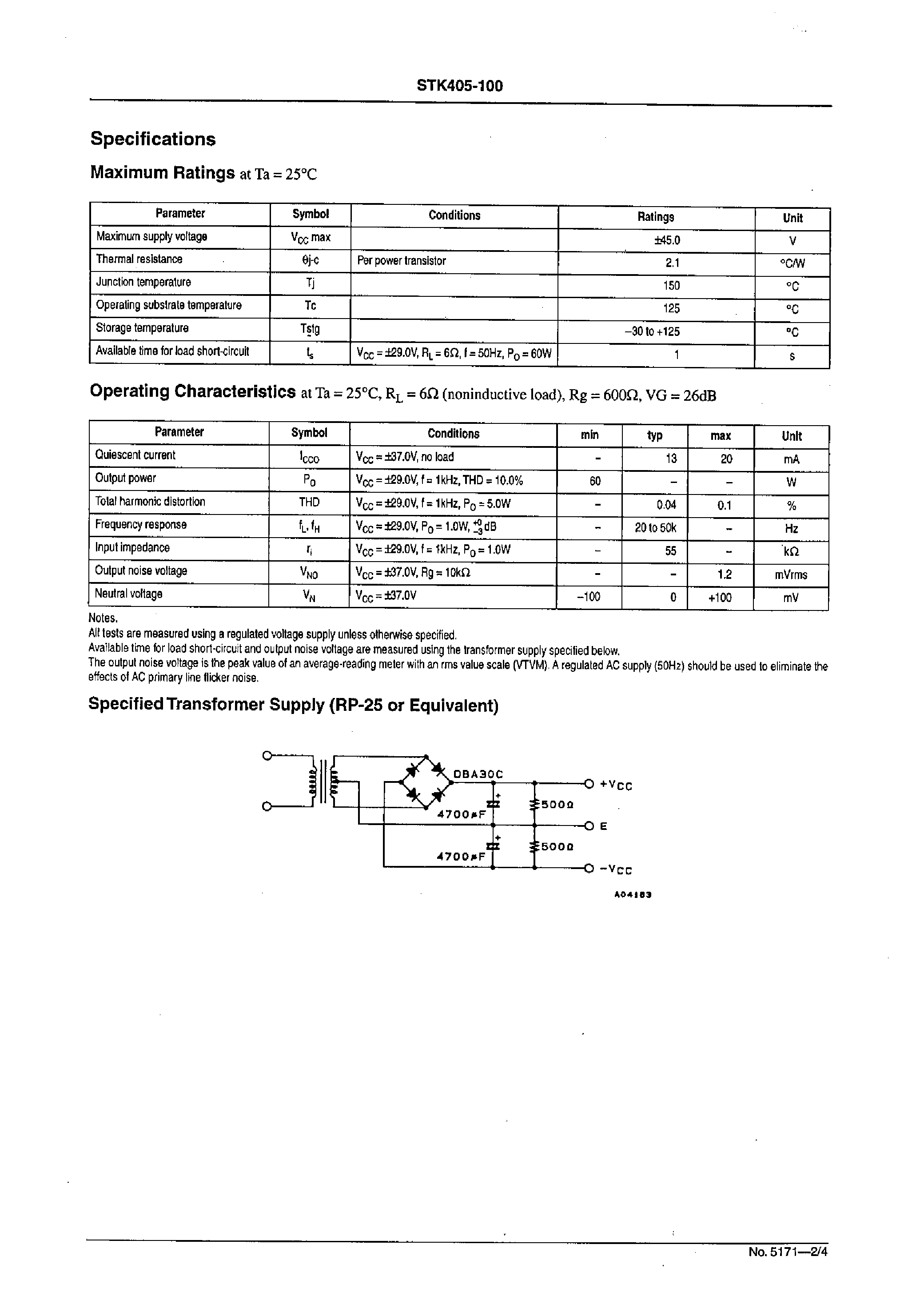 Datasheet STK405-100 page 2 Datasheet STK405-100 - 2ch AF Power Amplifier (Split Power Supply) 70W + 70 W min / THD =10% page 2