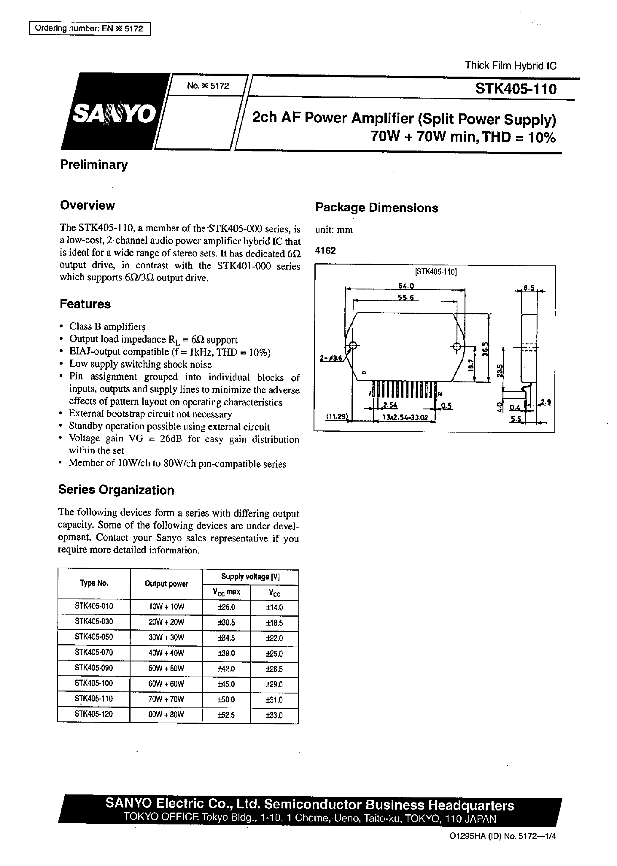 Datasheet STK405-110 page 1 Datasheet STK405-110 - 2ch AF Power Amplifier (Split Power Supply) 70W + 70 W min / THD =10% page 1