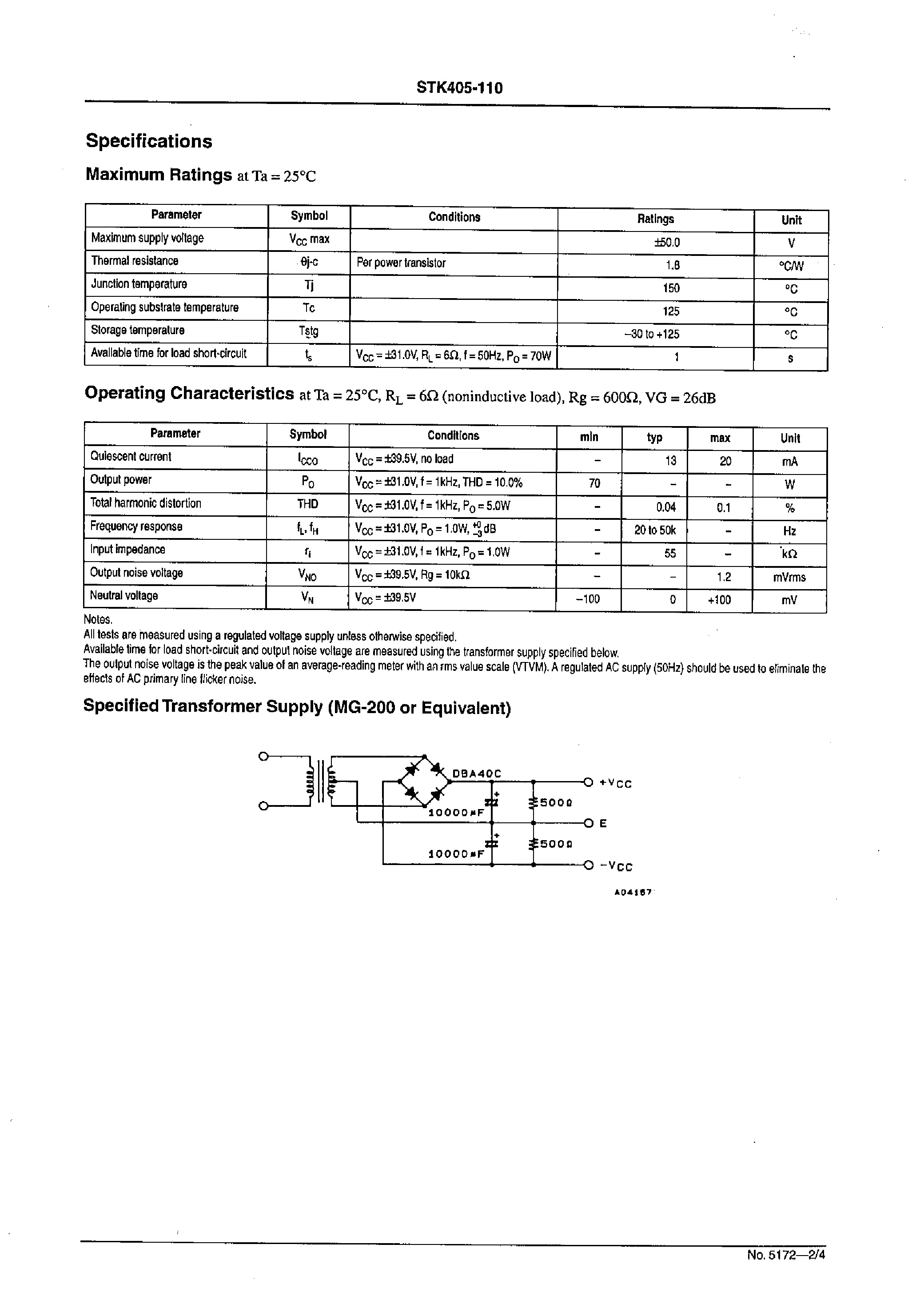 Datasheet STK405-110 page 2 Datasheet STK405-110 - 2ch AF Power Amplifier (Split Power Supply) 70W + 70 W min / THD =10% page 2