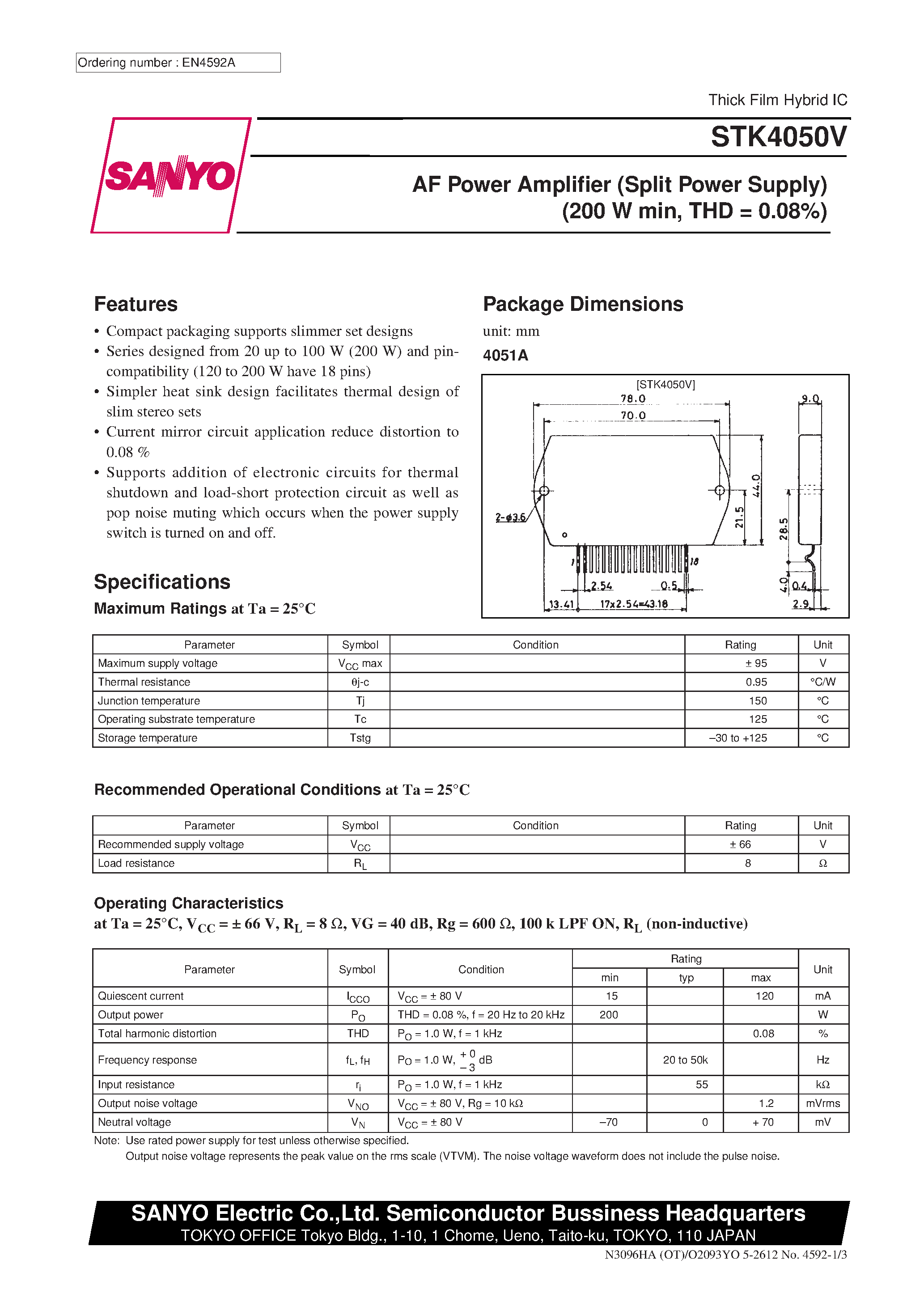 Datasheet STK4050V page 1 Datasheet STK4050V - AF Power Amplifier (Split Power Supply) (200 W min / THD = 0.08%) page 1