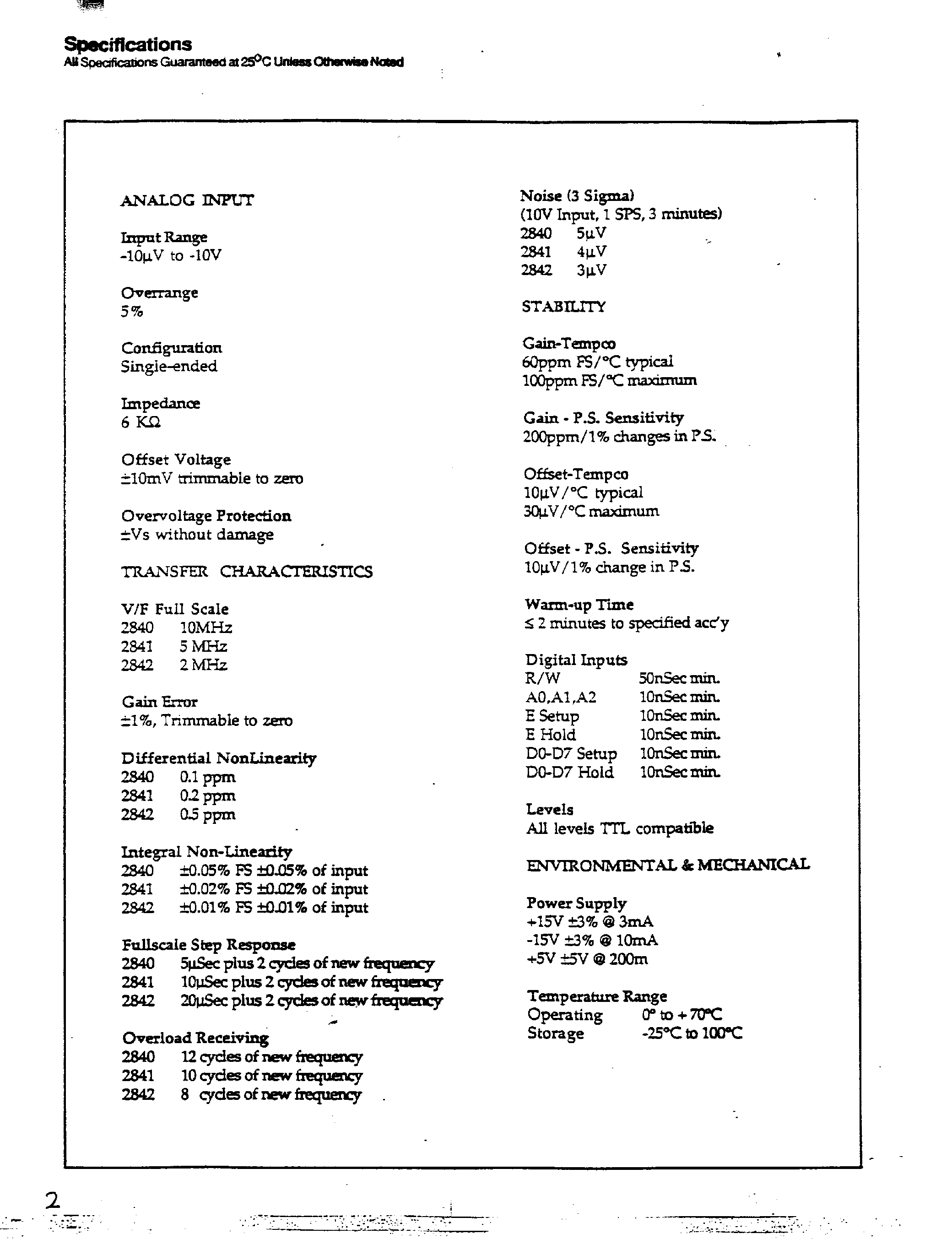 Datasheet 2840 page 2 Datasheet 2840 - 20 Bit A/D Converter Series page 2