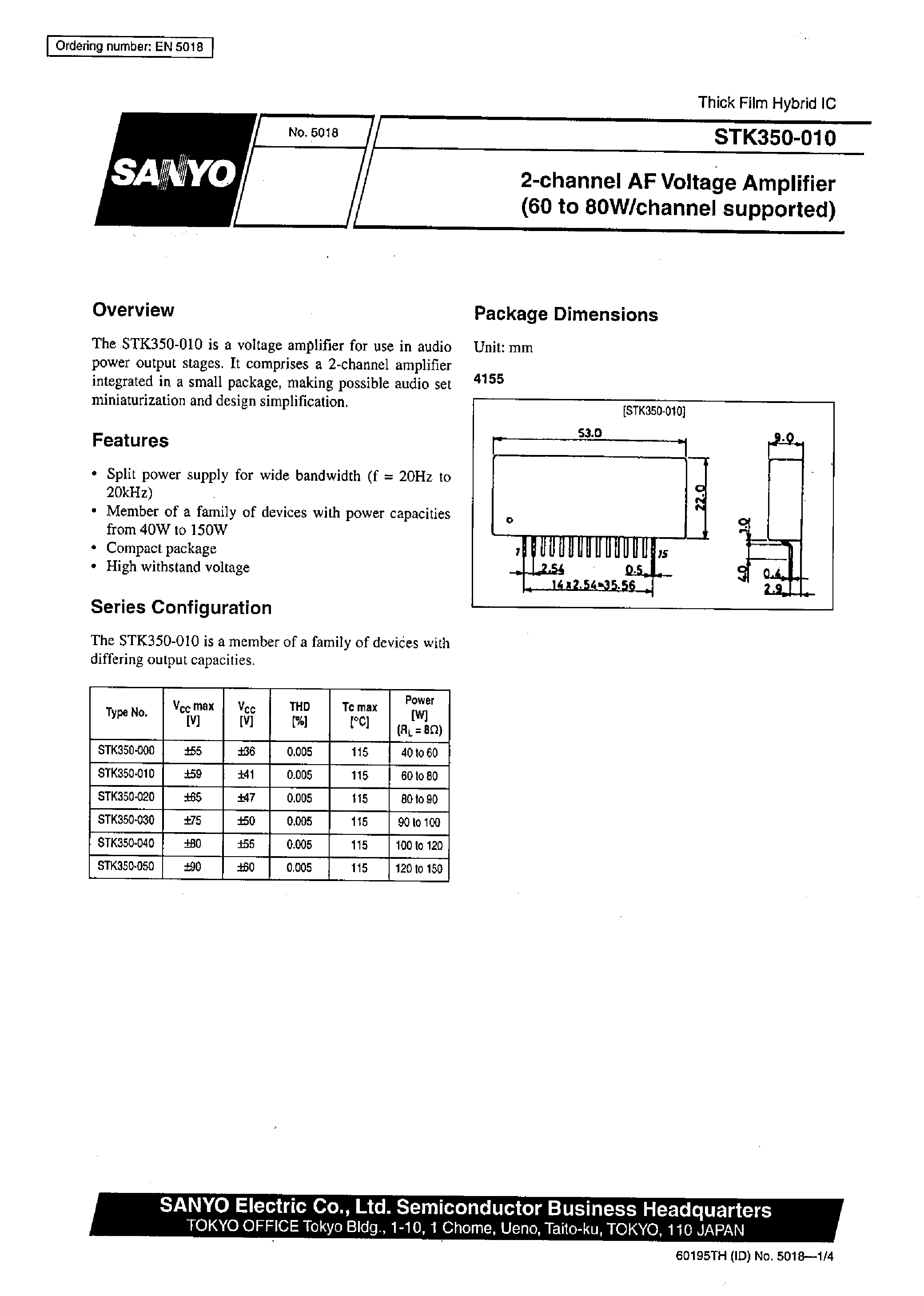 Даташит на микросхему STK350-000 страница 1 Даташит STK350-000 - 2-channel AF Voltage Amplifier (60 to 80W/channel supported) страница 1