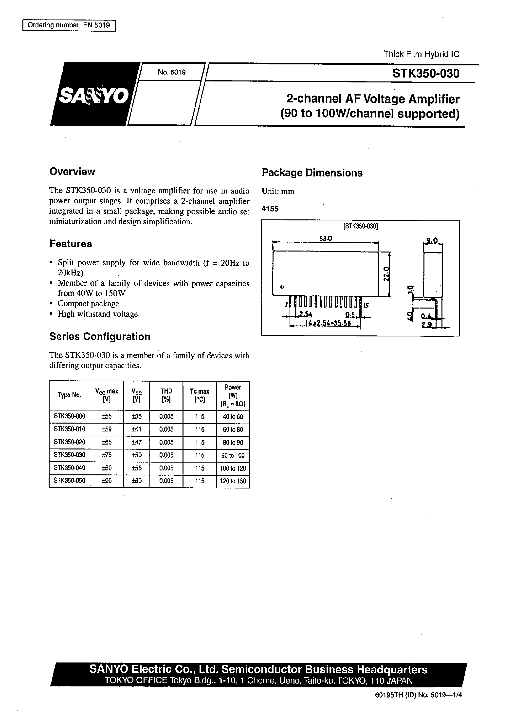 Datasheet STK350-030 page 1 Datasheet STK350-030 - 2-channel AF Voltage Amplifier (90 to 100W/channel supported) page 1