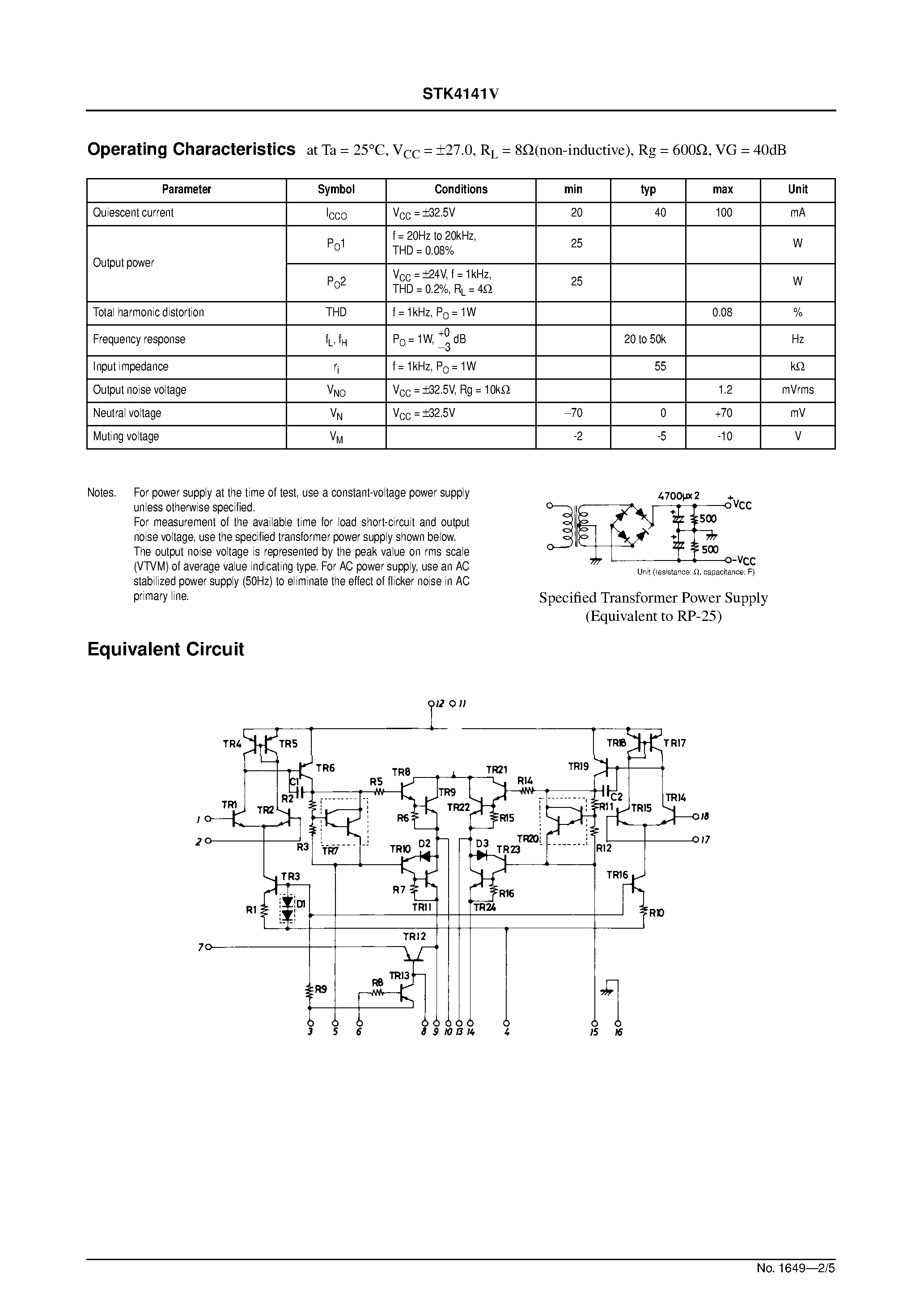 Datasheet STK4141V page 2 Datasheet STK4141V - AF Power Amplifier (Split Power Supply) (25W + 25W min / THD = 0.08%) page 2