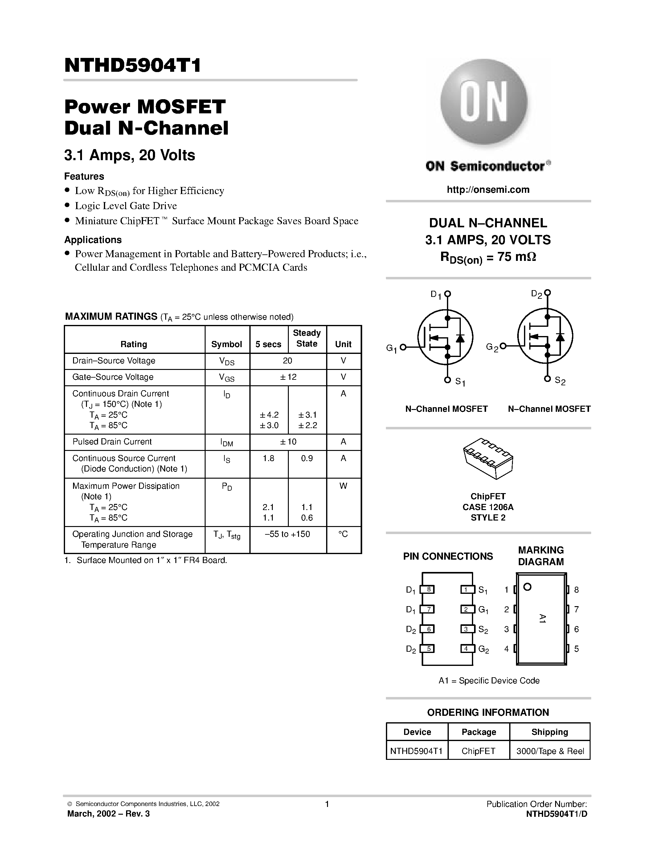 Datasheet NTHD5904T1 page 1 Datasheet NTHD5904T1 - Power MOSFET Dual N-Channel page 1