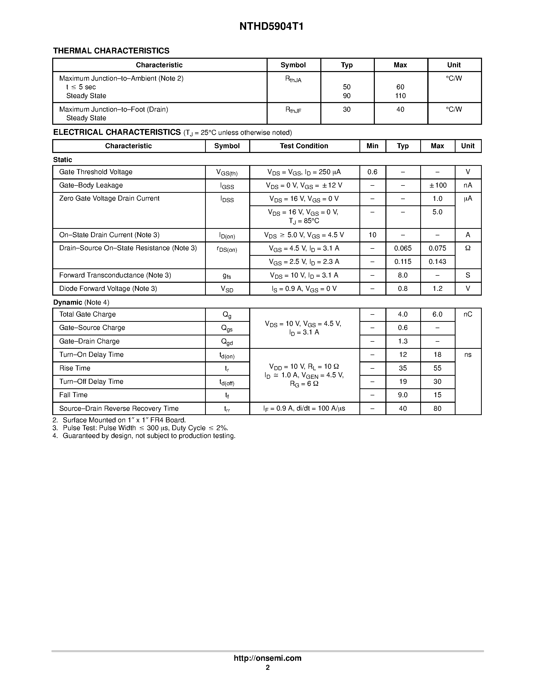 Datasheet NTHD5904T1 page 2 Datasheet NTHD5904T1 - Power MOSFET Dual N-Channel page 2