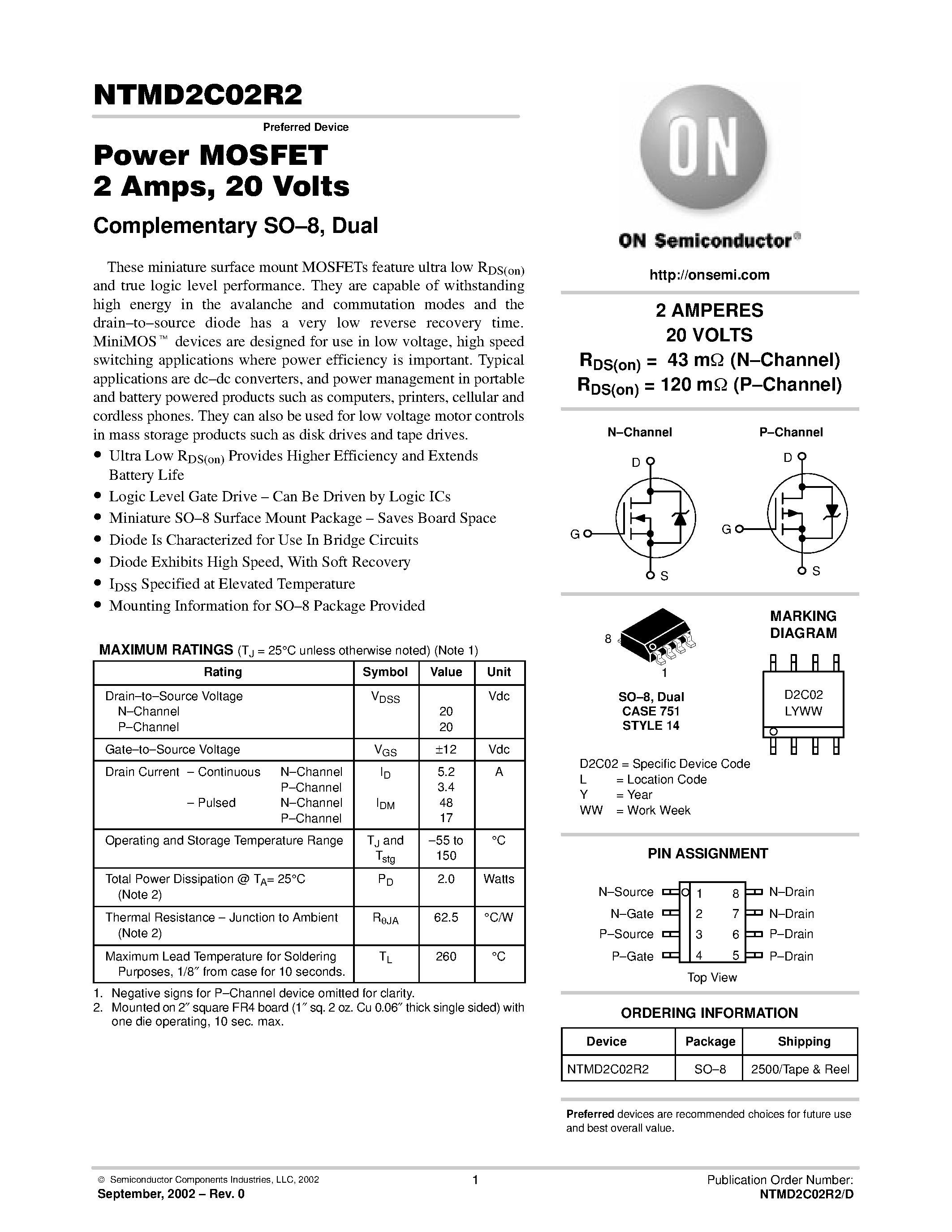 Datasheet NTMD2C02R2 - Power MOSFET 2 Amps / 20 Volts page 1