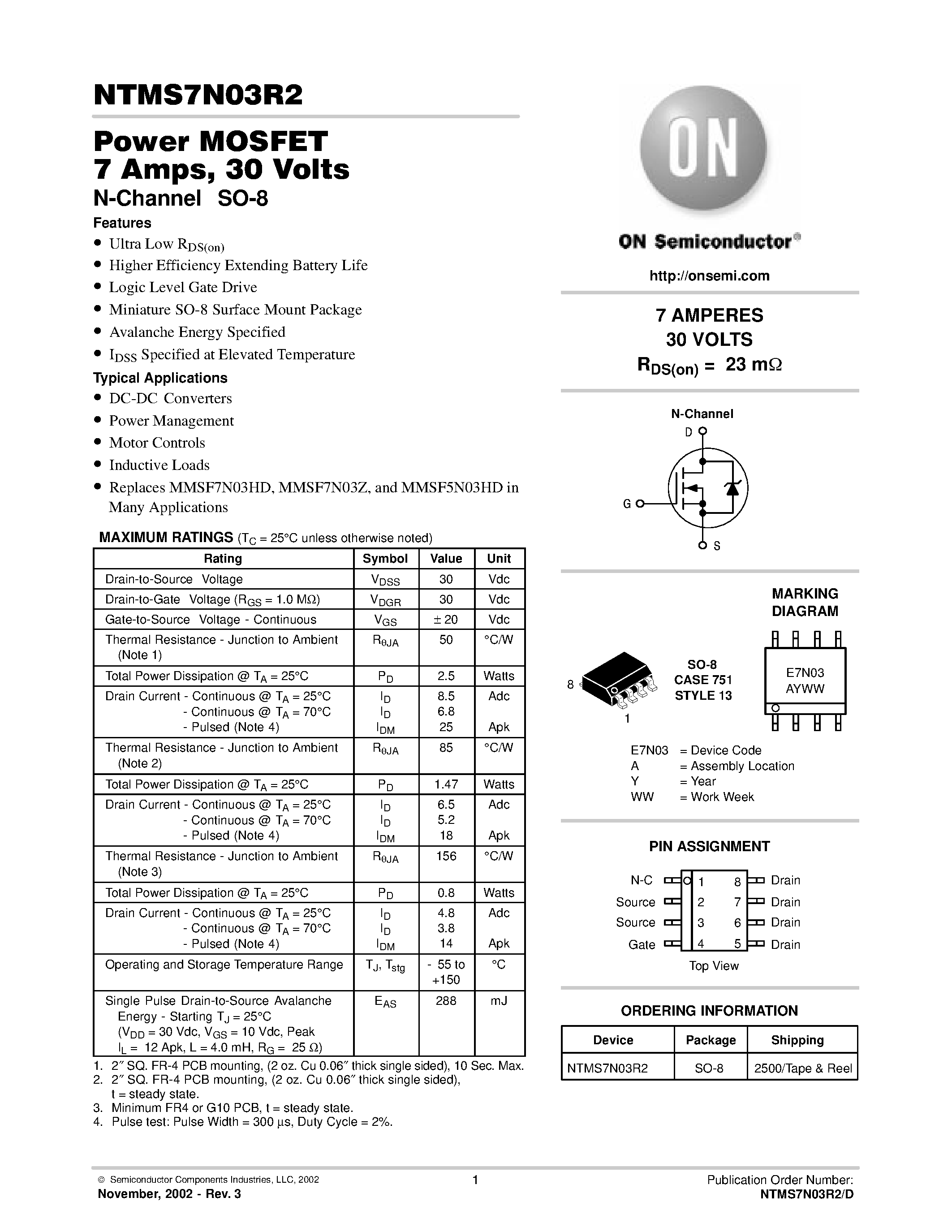 Даташит на микросхему NTMS7N03R2 страница 1 Даташит NTMS7N03R2 - Power MOSFET 7 Amps / 30 Volts страница 1