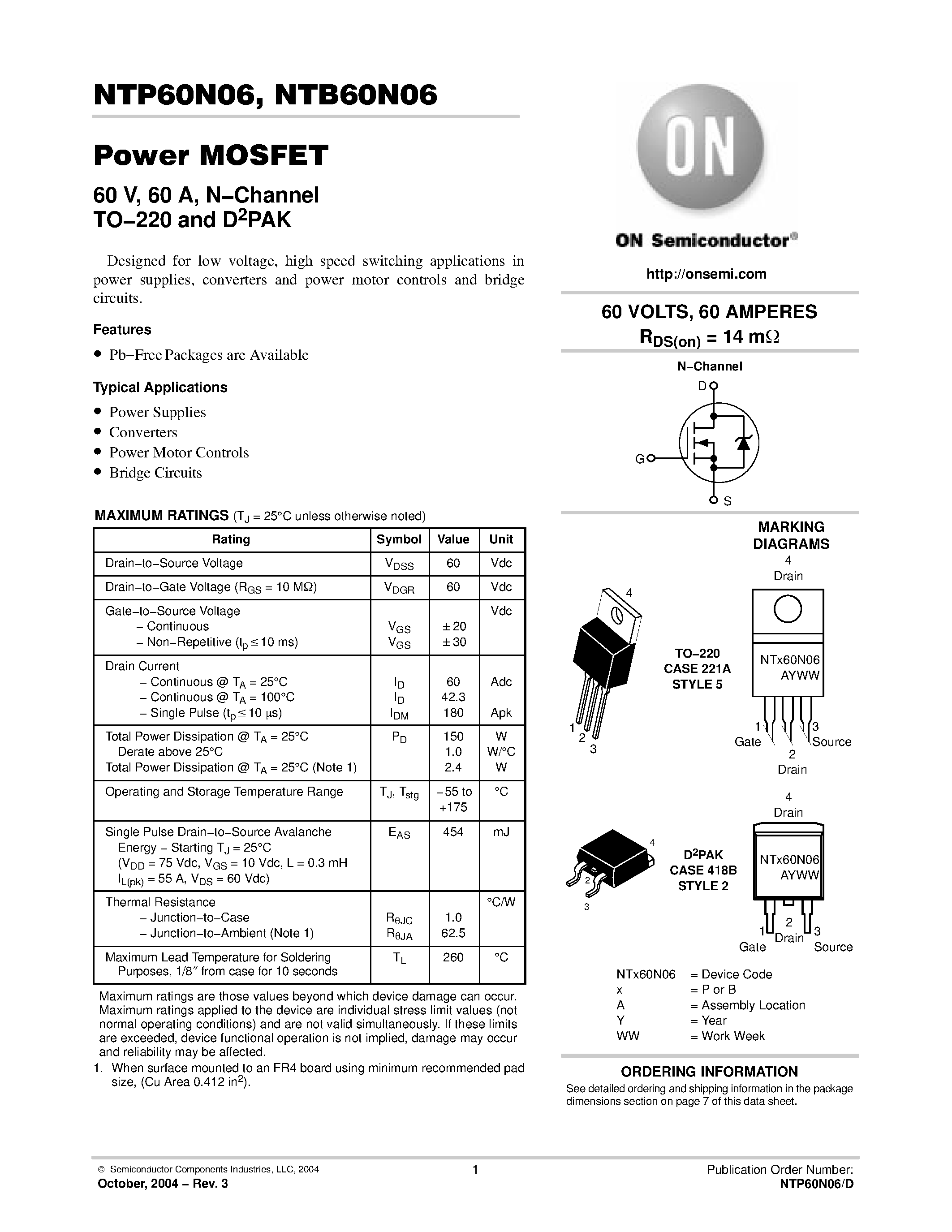 Даташит на микросхему NTP60N06 страница 1 Даташит NTP60N06 - 60 V / 60 A / N&Channel TO&220 and D2PAK страница 1