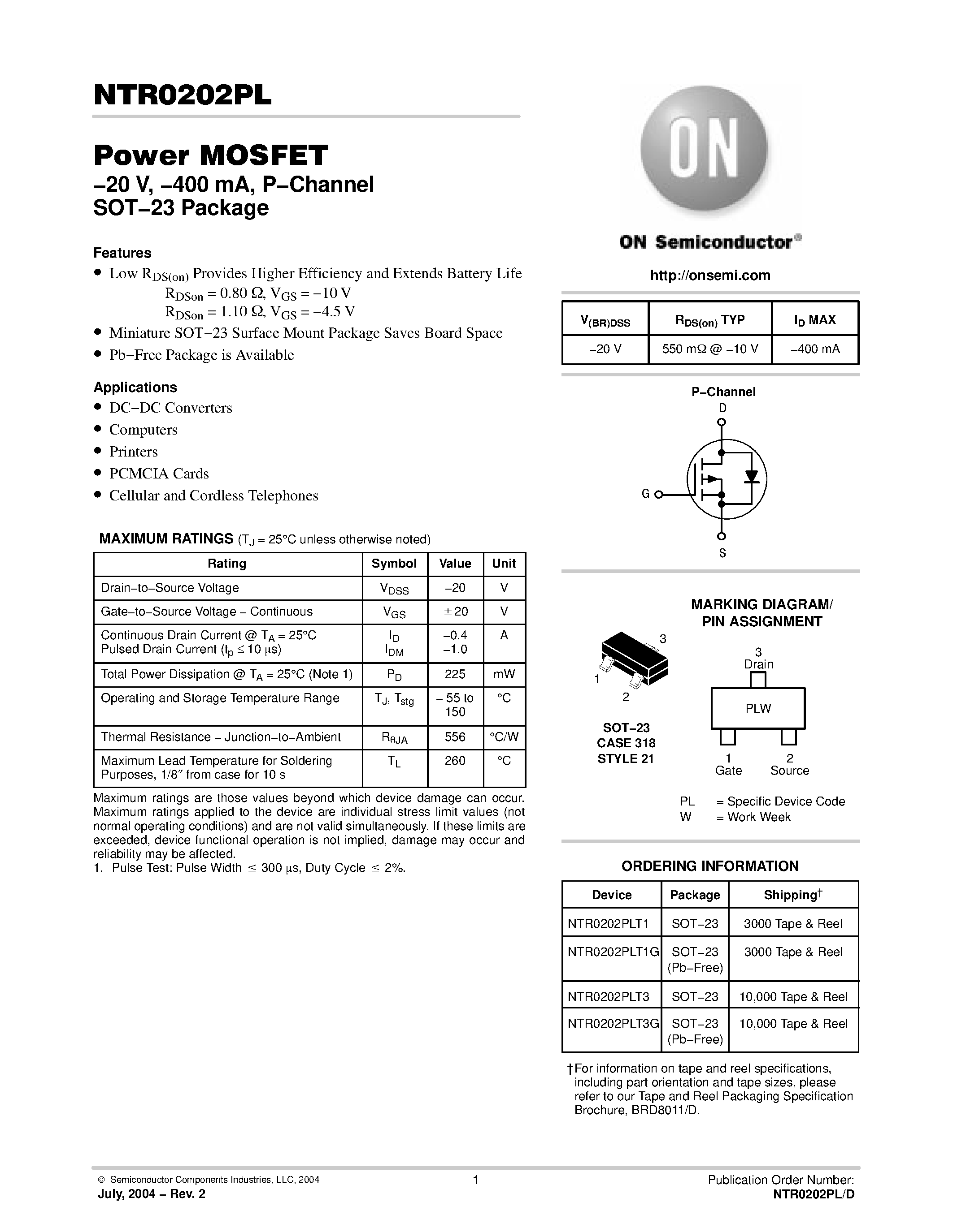 Даташит на микросхему NTR0202PLT3 страница 1 Даташит NTR0202PLT3 - Power MOSFET &20 V / &400 mA / P&Channel SOT&23 Package страница 1