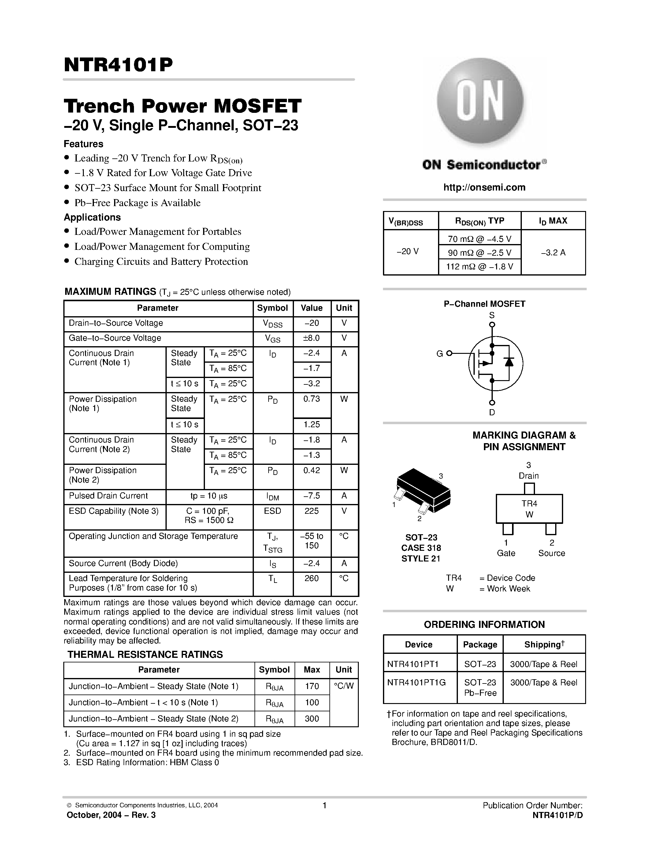 Даташит NTR4101P - Trench Power MOSFET &20 V / Single P&Channel / SOT&23 страница 1