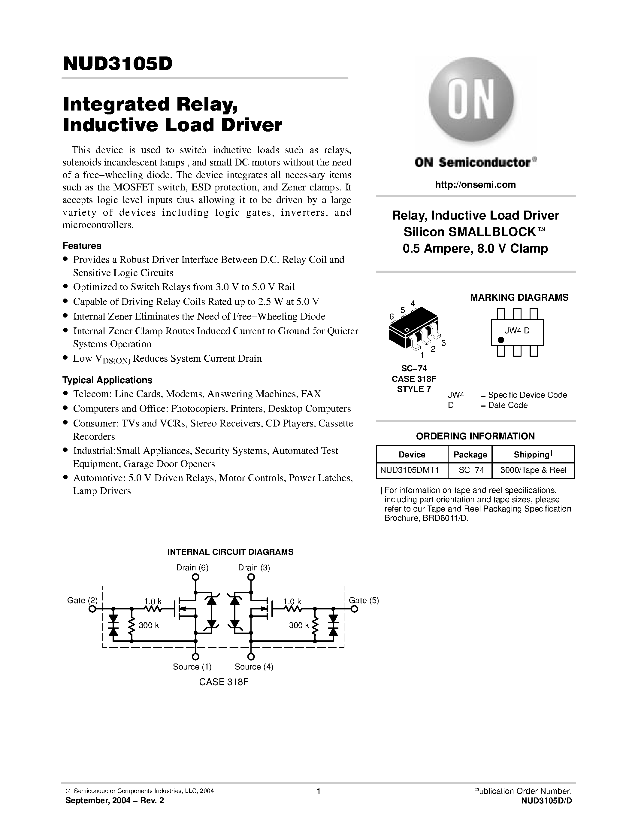 Даташит на микросхему NUD3105DD страница 1 Даташит NUD3105DD - Integrated Relay / Inductive Load Driver страница 1