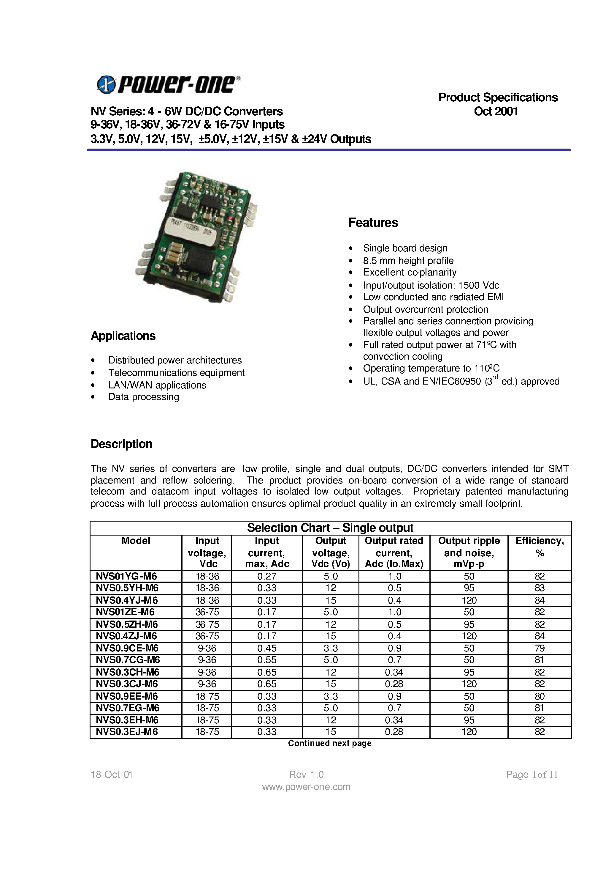 Datasheet NVS0.3EH-M6 - NV Series: 4 - 6W DC/DC Converters 9-36V / 18-36V / 36-72V & 16-75V Inputs 3.3V / 5.0V / 12V / 15V / 5.0V / 12V / 15V & 24V Outputs page 1