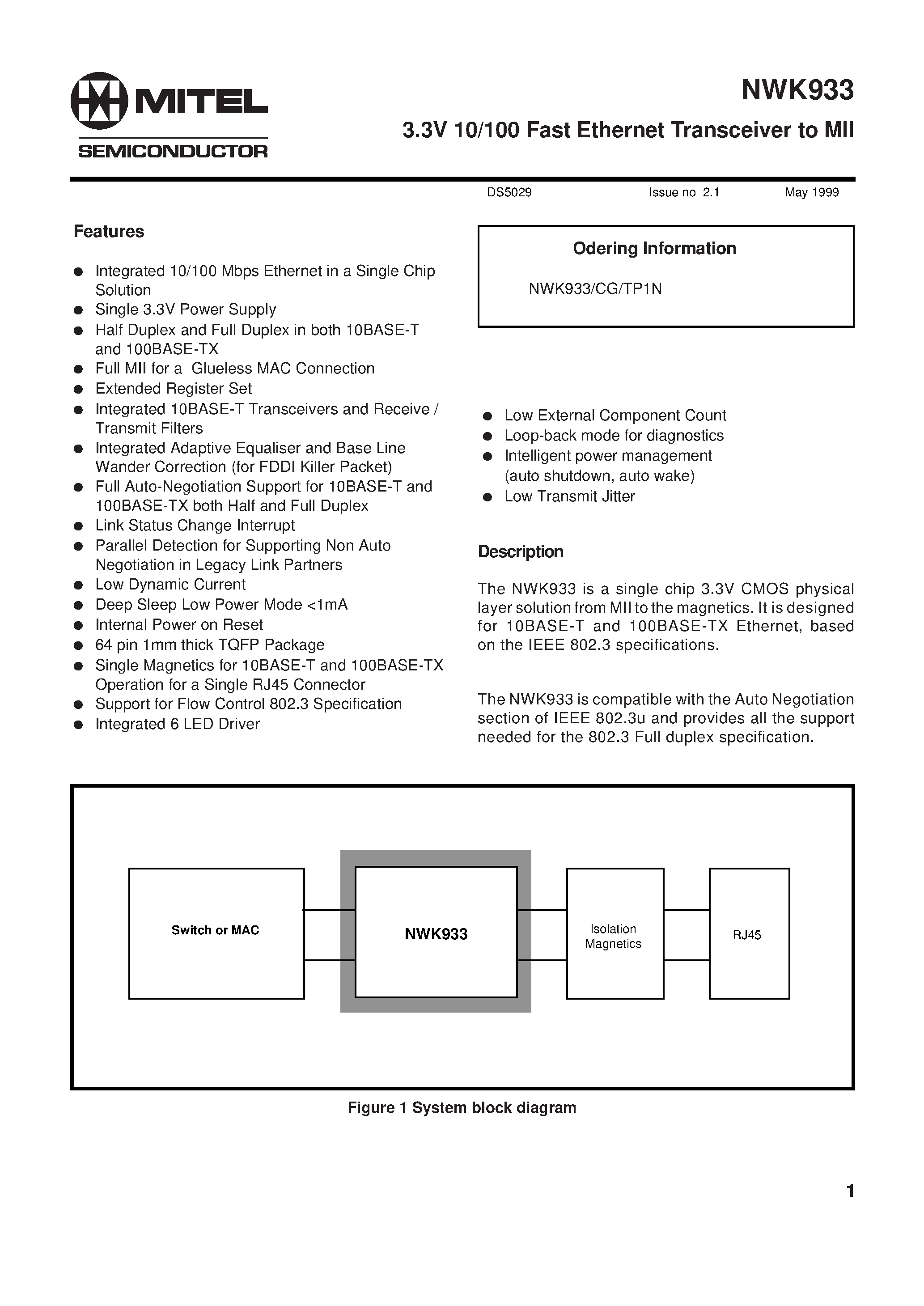 Datasheet NWK933 page 1 Datasheet NWK933 - 3.3V 10/100 Fast Ethernet Transceiver to MII page 1