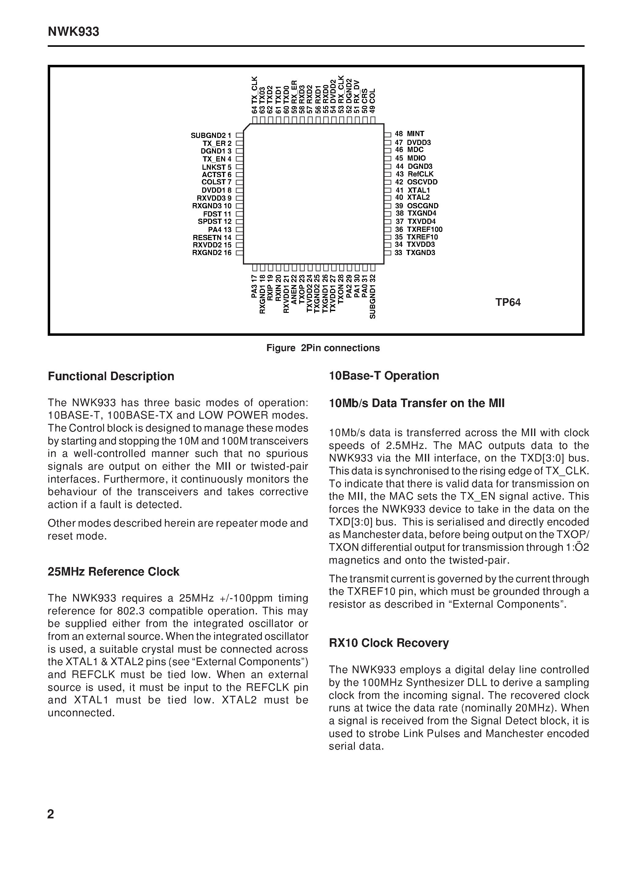 Datasheet NWK933TP1N - 3.3V 10/100 Fast Ethernet Transceiver to MII page 2