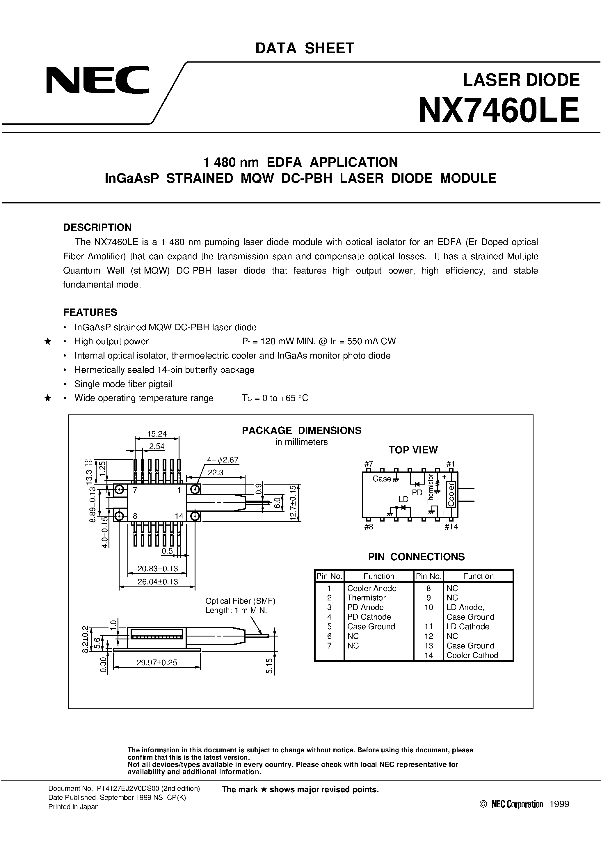 Datasheet NX7460LE-CA - 1 480 nm EDFA APPLICATION InGaAsP STRAINED MQW DC-PBH LASER DIODE MODULE page 1
