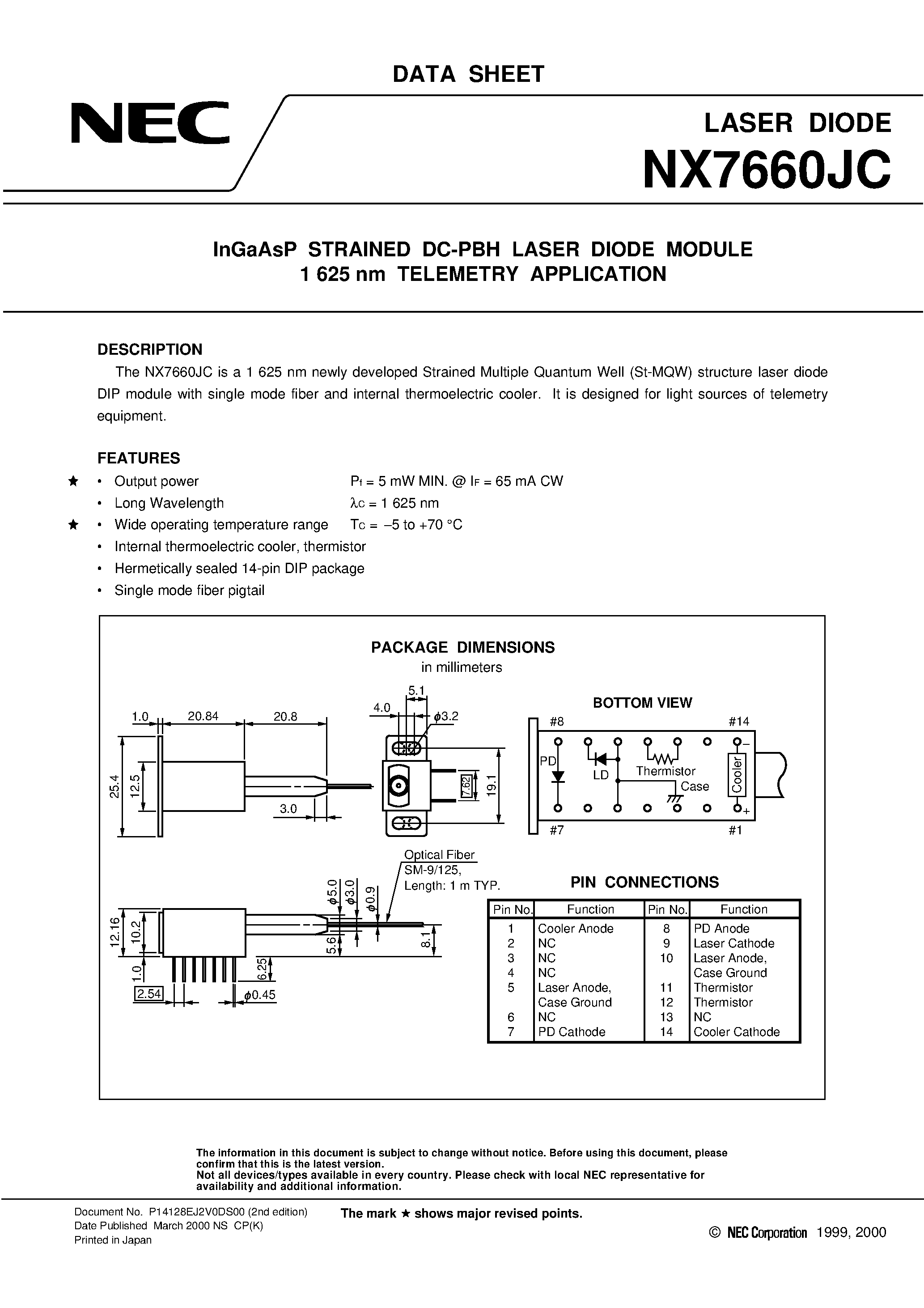 Datasheet NX8561JC - 1 510 nm OPTICAL FIBER COMMUNICATIONS InGaAsP STRAINED MQW DC-PBH LASER DIODE MODULE page 1