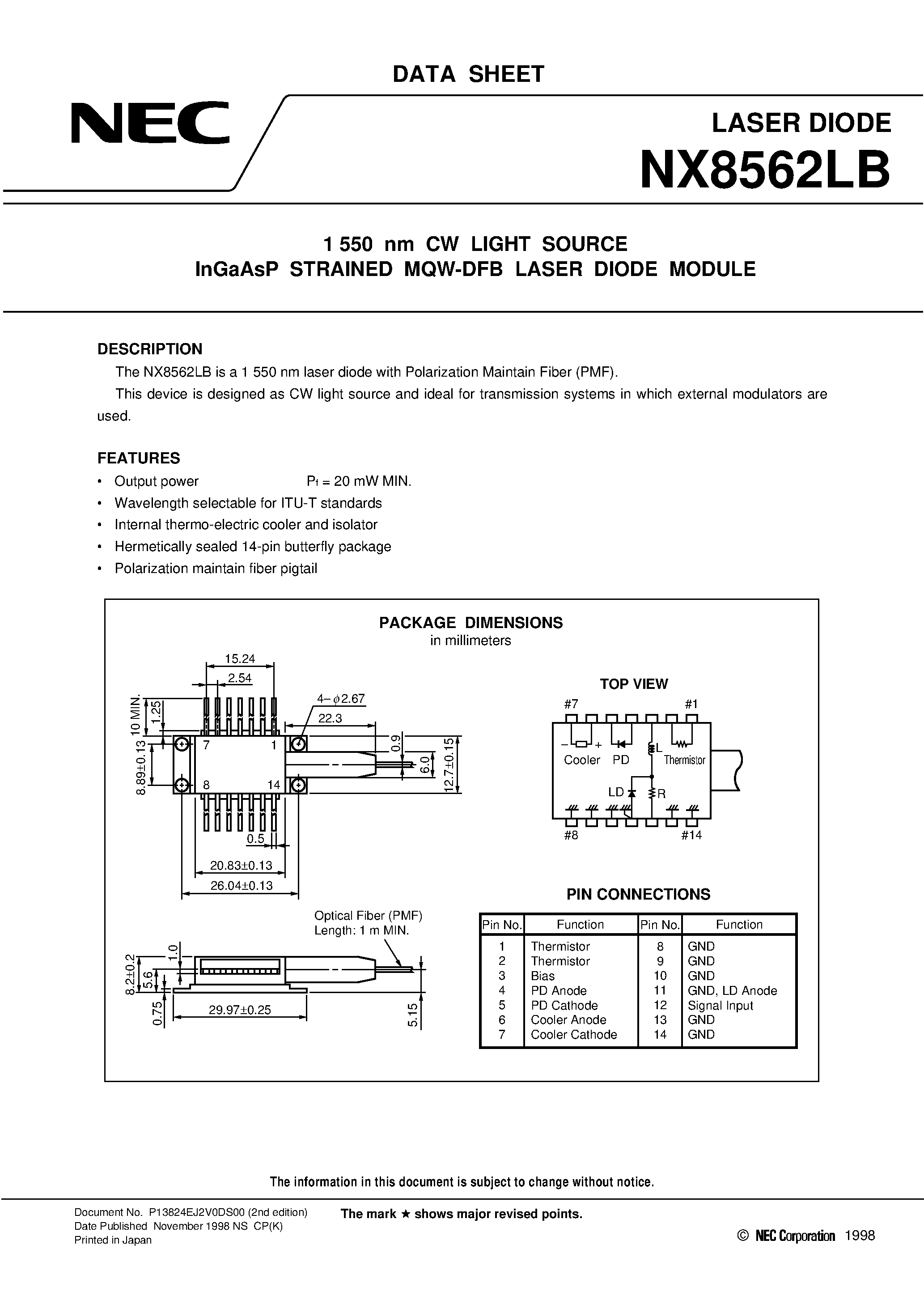 Datasheet NX8562LB-CA - 1 550 nm CW LIGHT SOURCE InGaAsP STRAINED MQW-DFB LASER DIODE MODULE page 1