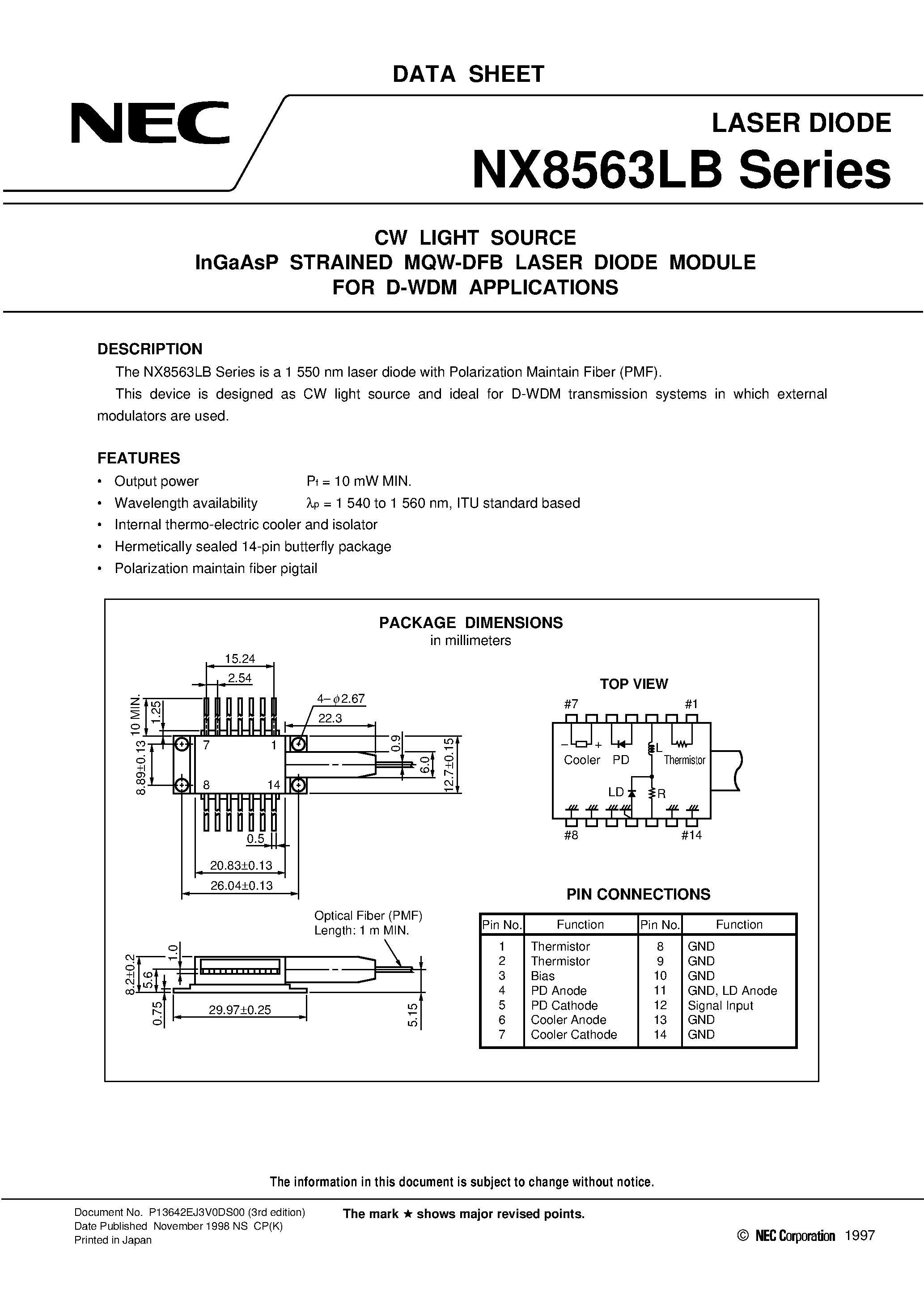 Даташит NX8563LB - CW LIGHT SOURCE InGaAsP STRAINED MQW-DFB LASER DIODE MODULE FOR D-WDM APPLICATIONS страница 1