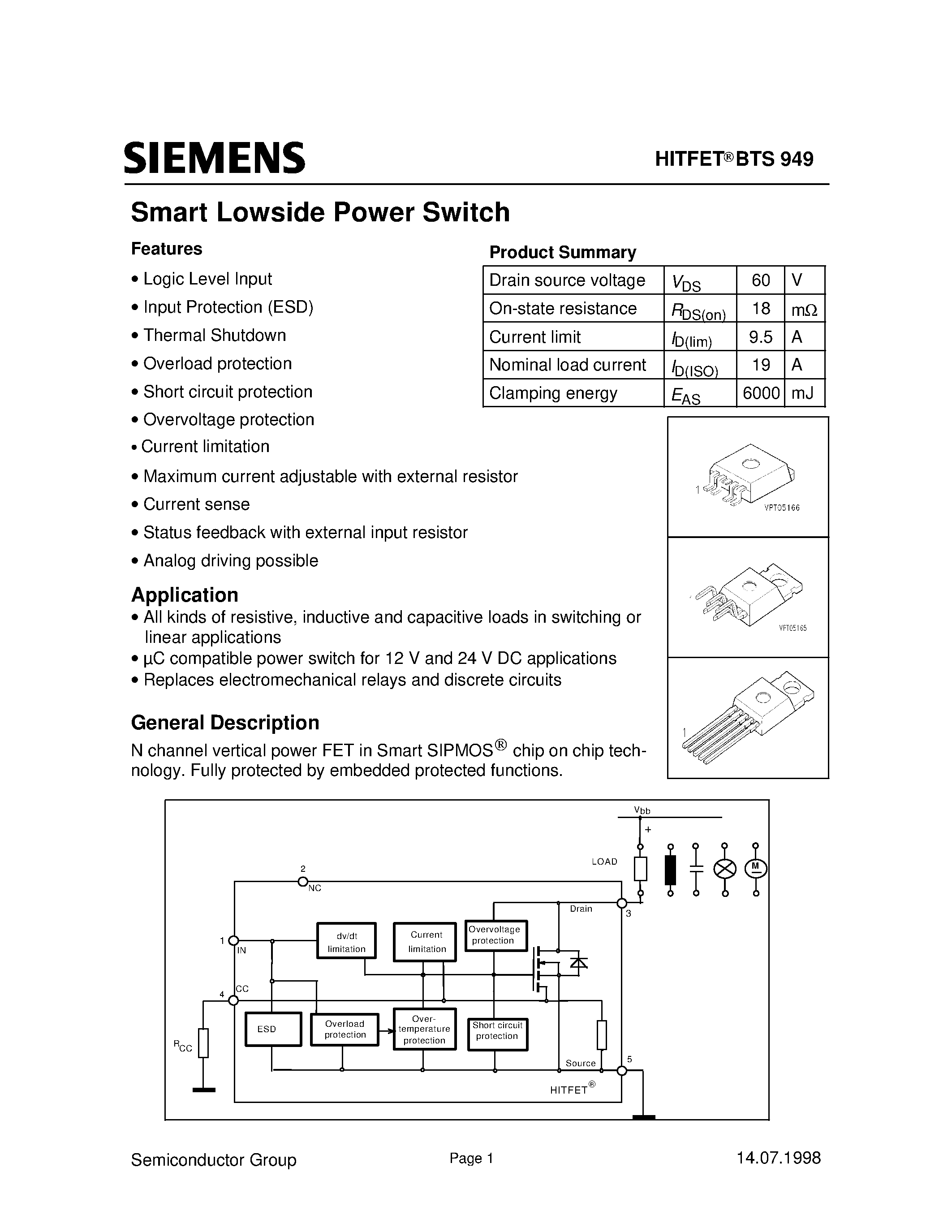 Datasheet OBTS949 page 1 Datasheet OBTS949 - Smart Lowside Power Switch page 1