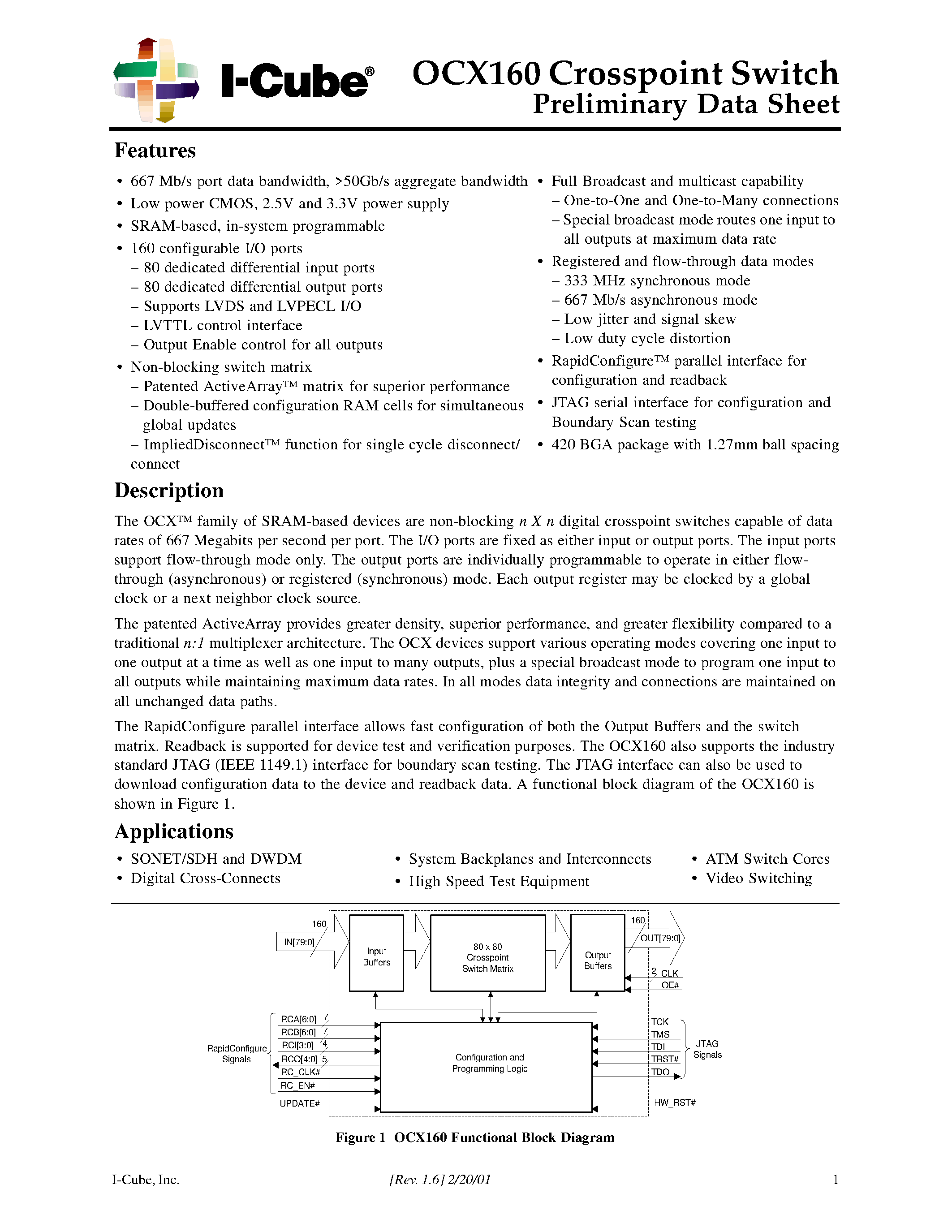 Datasheet OCX160 page 1 Datasheet OCX160 - OCX160 Crosspoint Switch page 1