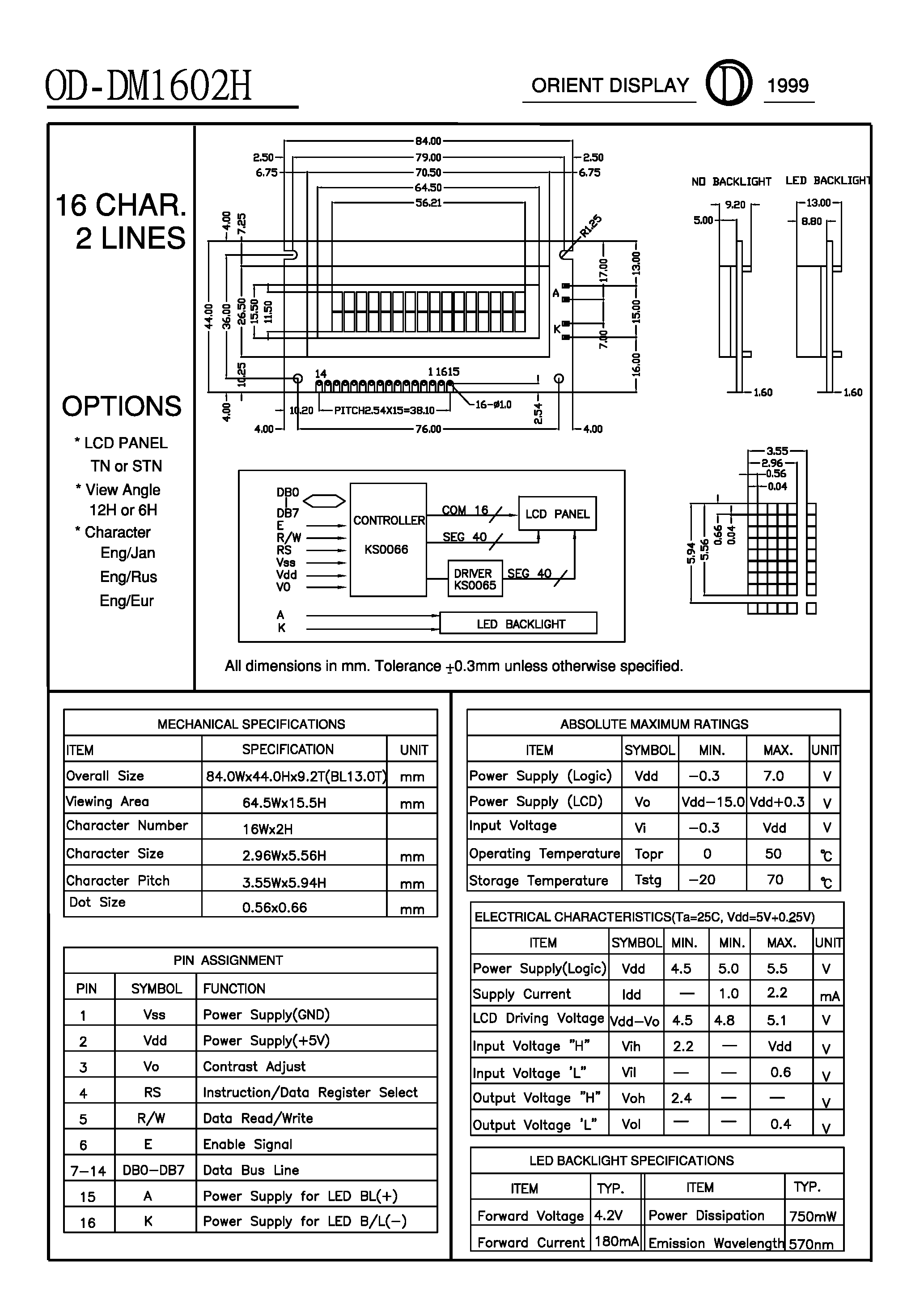 Datasheet OD-DM1602H - 16 CHAR 2 LINES page 1