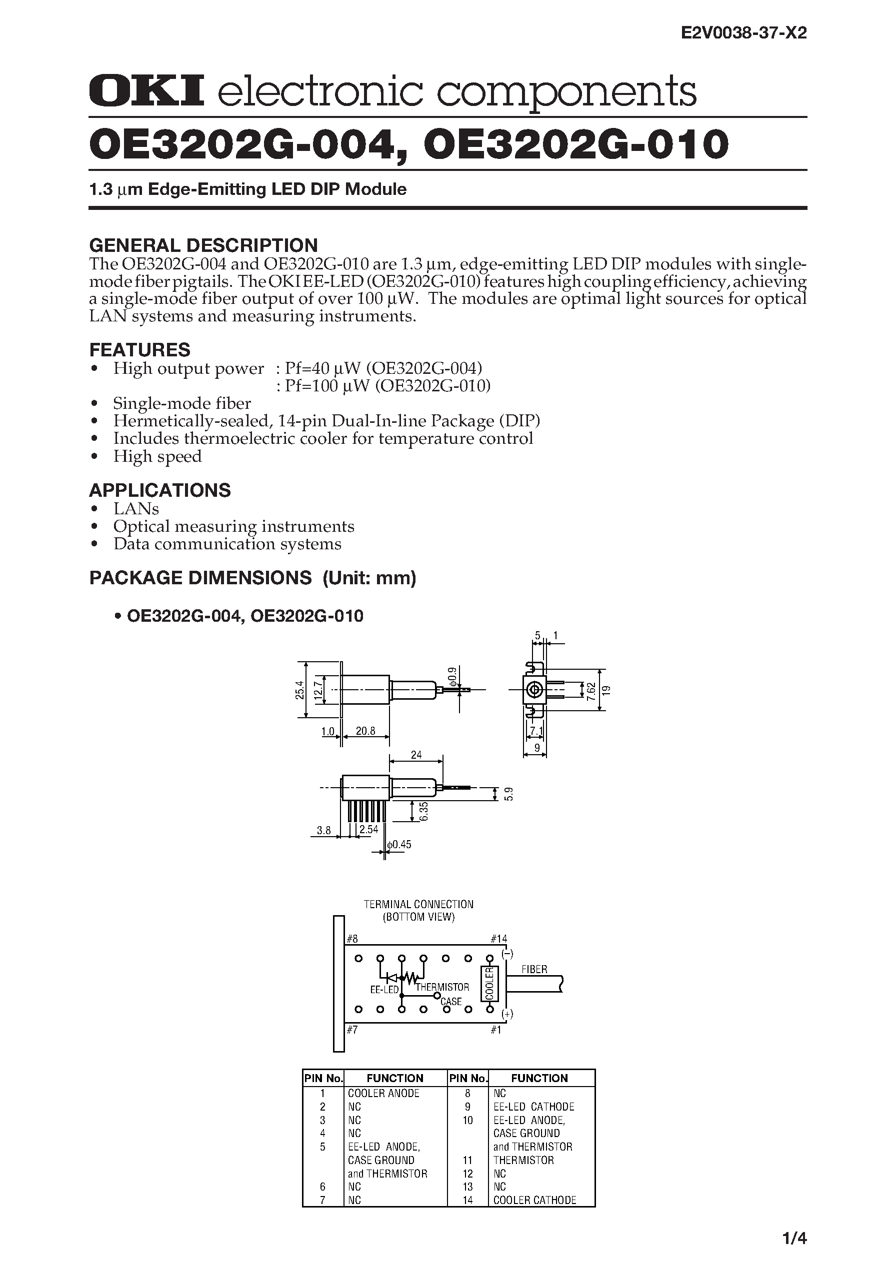 Datasheet OE3202G-004 - 1.3 m Edge-Emitting LED DIP Module page 1