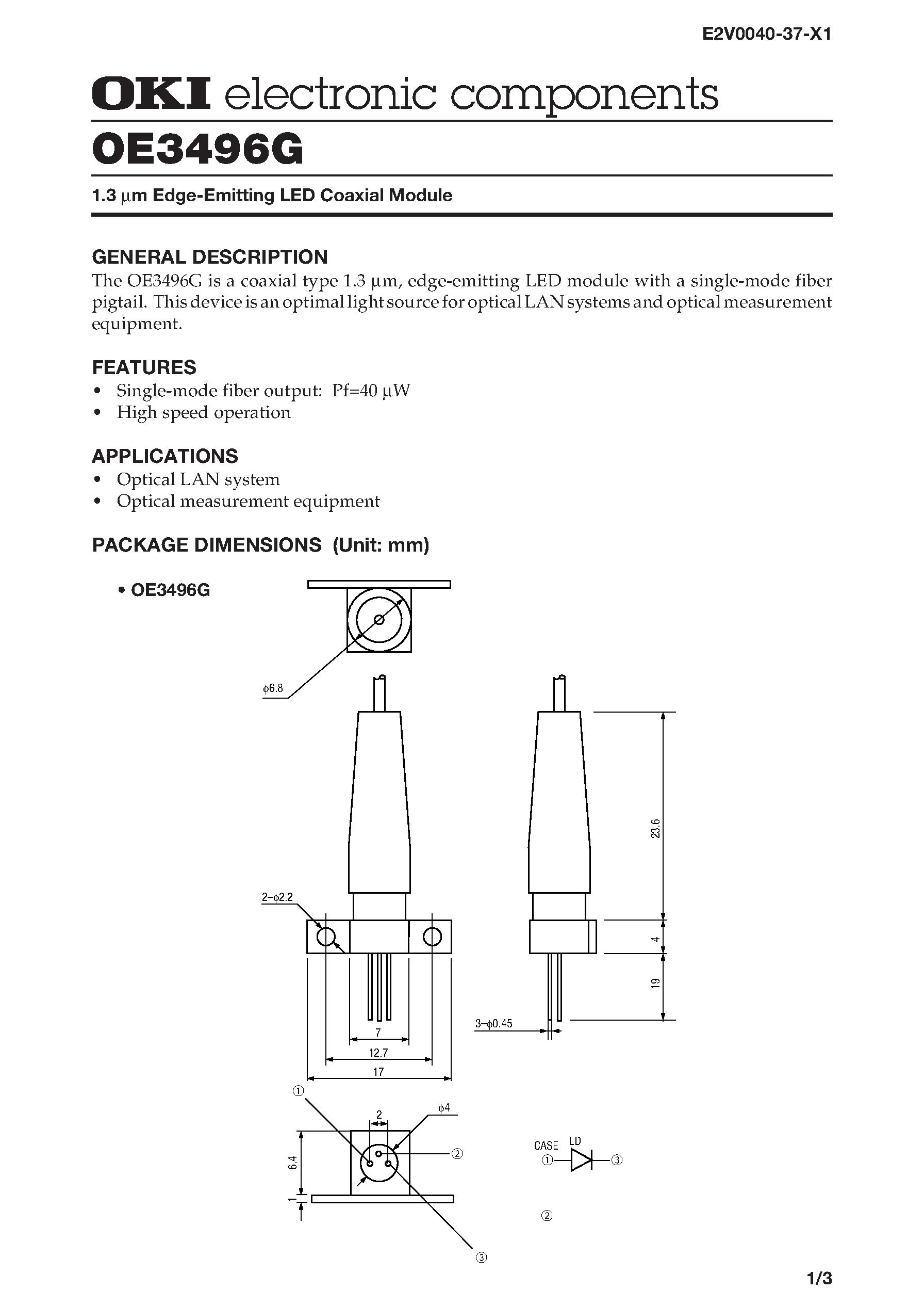 Datasheet OE3496G - 1.3 m Edge-Emitting LED Coaxial Module page 1