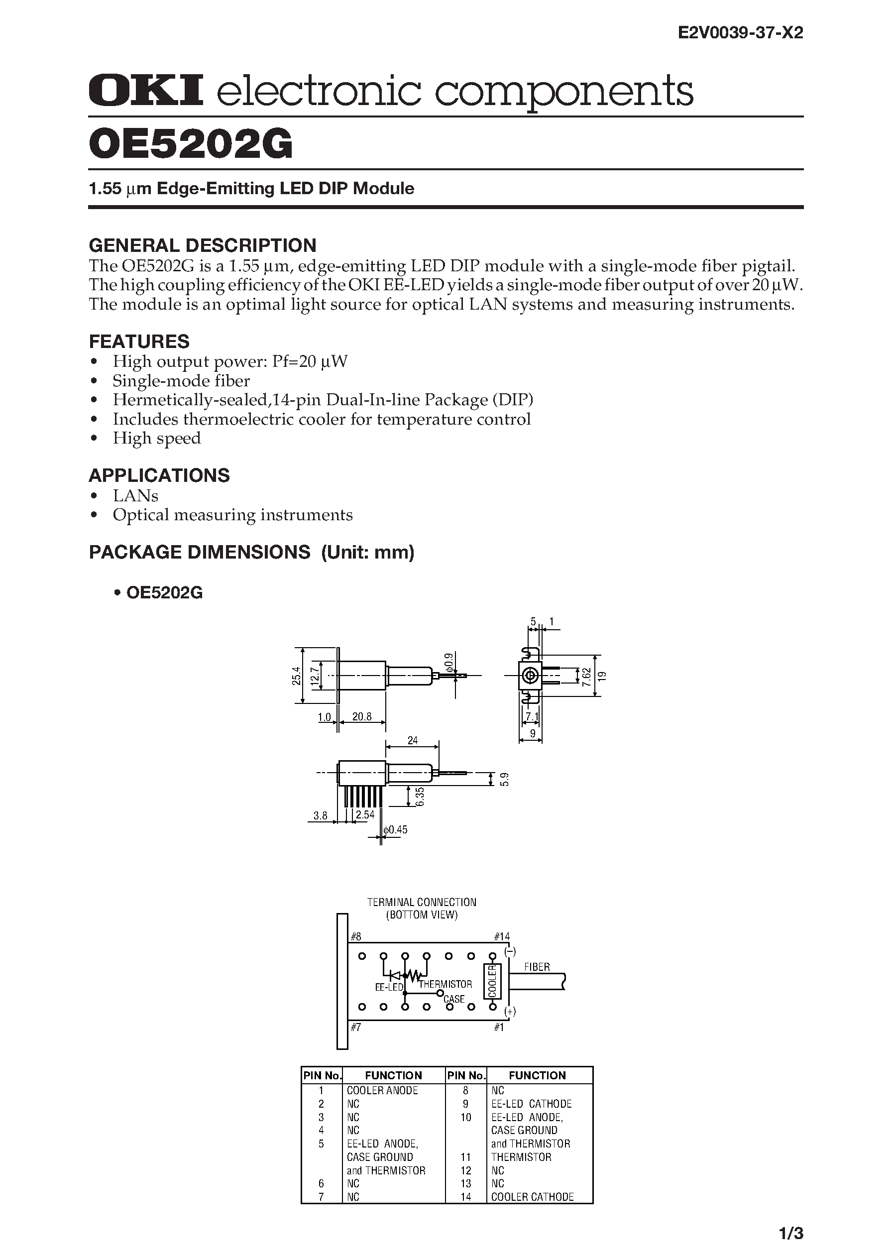 Datasheet OE5202G - 1.55 m Edge-Emitting LED DIP Module page 1