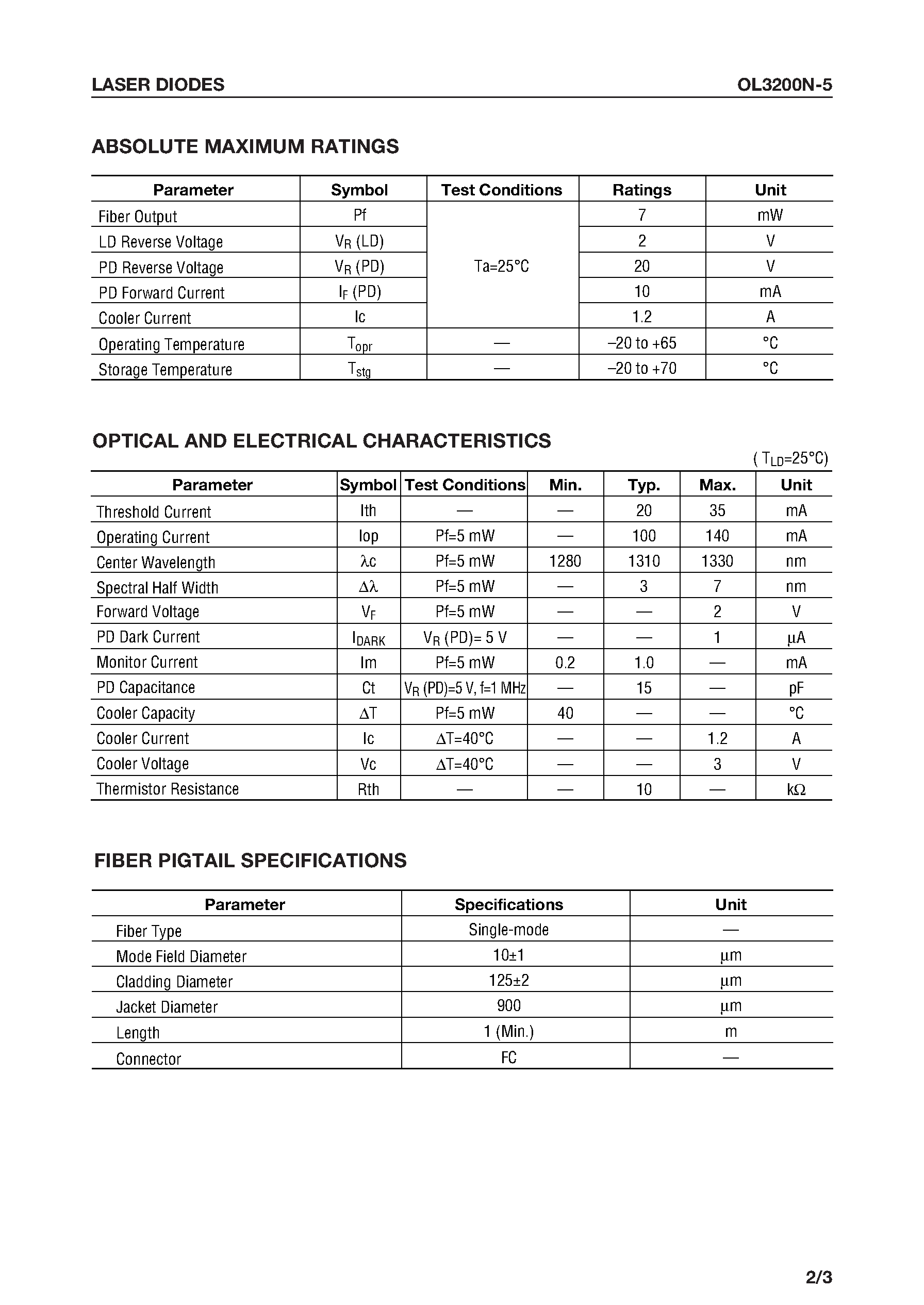 Даташит OL3200N-5 - 1.3 m High-Power Laser-Diode DIP Module страница 2