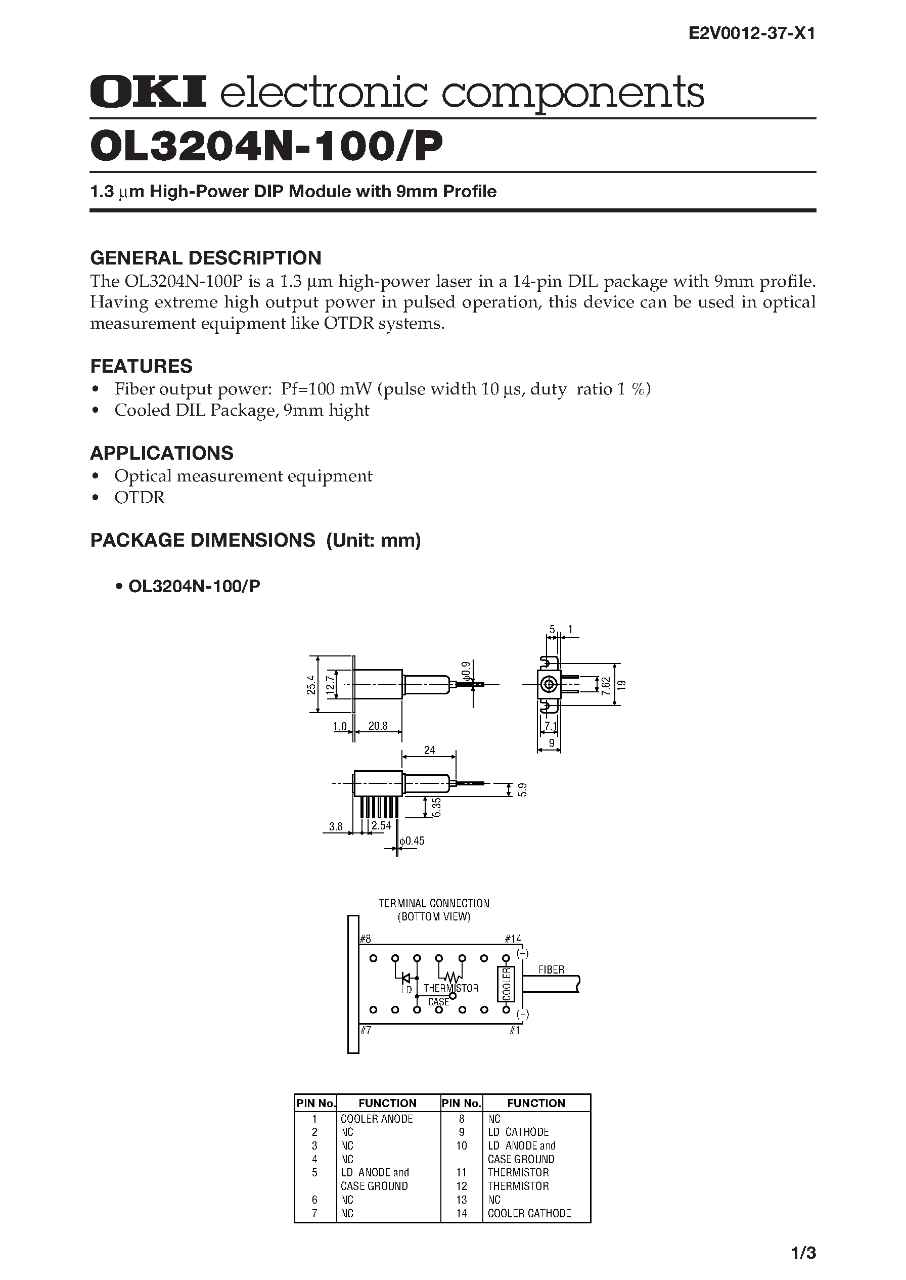 Datasheet OL3204N-100 - 1.3 mm High-Power DIP Module with 9mm Profile page 1