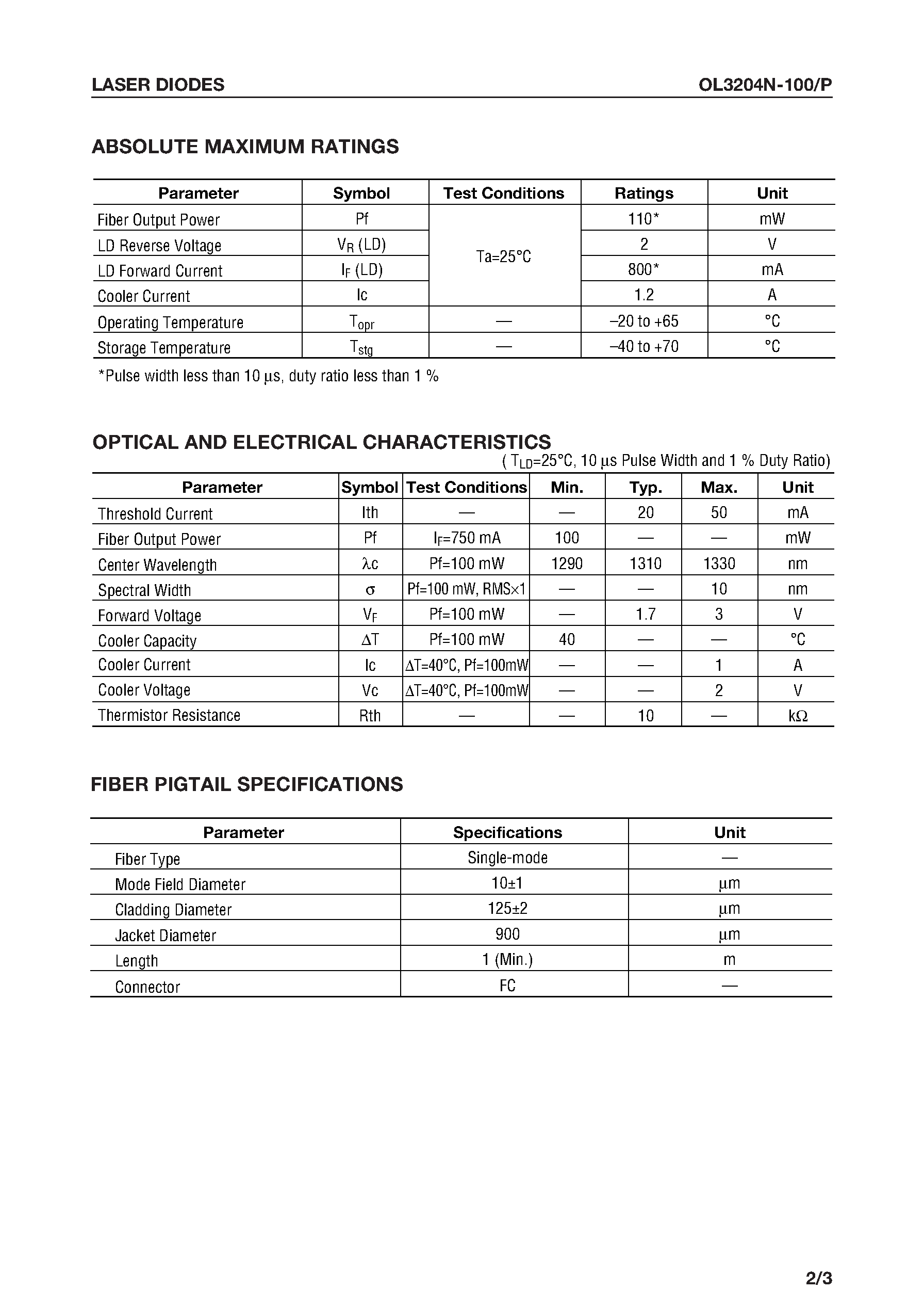 Datasheet OL3204N-100 - 1.3 mm High-Power DIP Module with 9mm Profile page 2
