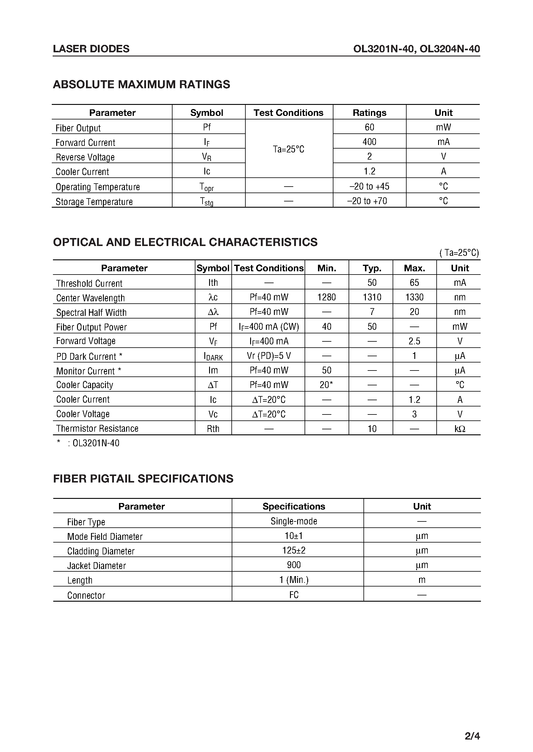 Даташит на микросхему OL3204N-40 страница 2 Даташит OL3204N-40 - 1.3 m High-Power Laser-Diode DIP Module страница 2