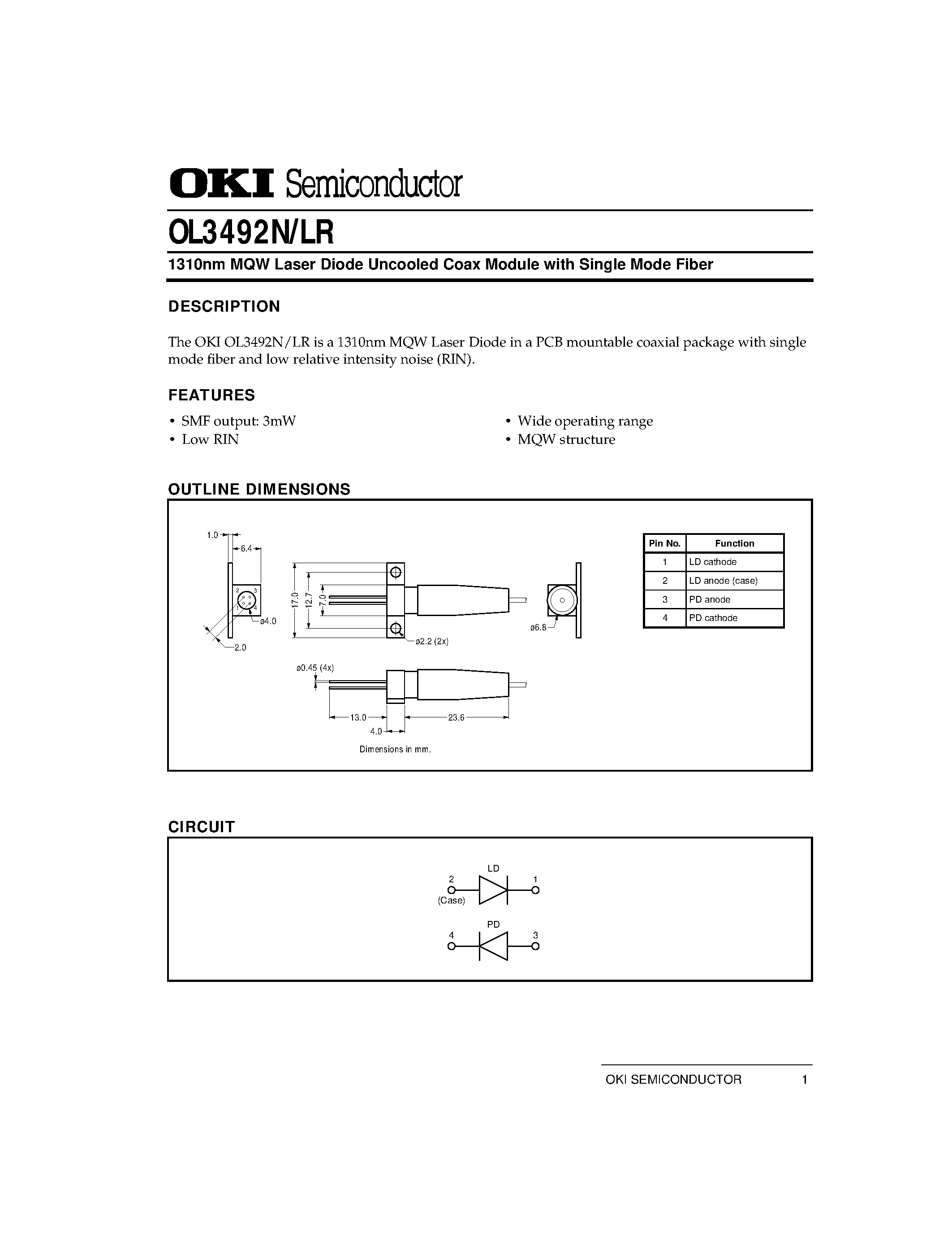 Datasheet OL3492N - Hight Temperature Operation 1.3 mm Laser-Diode Coaxial Module page 1