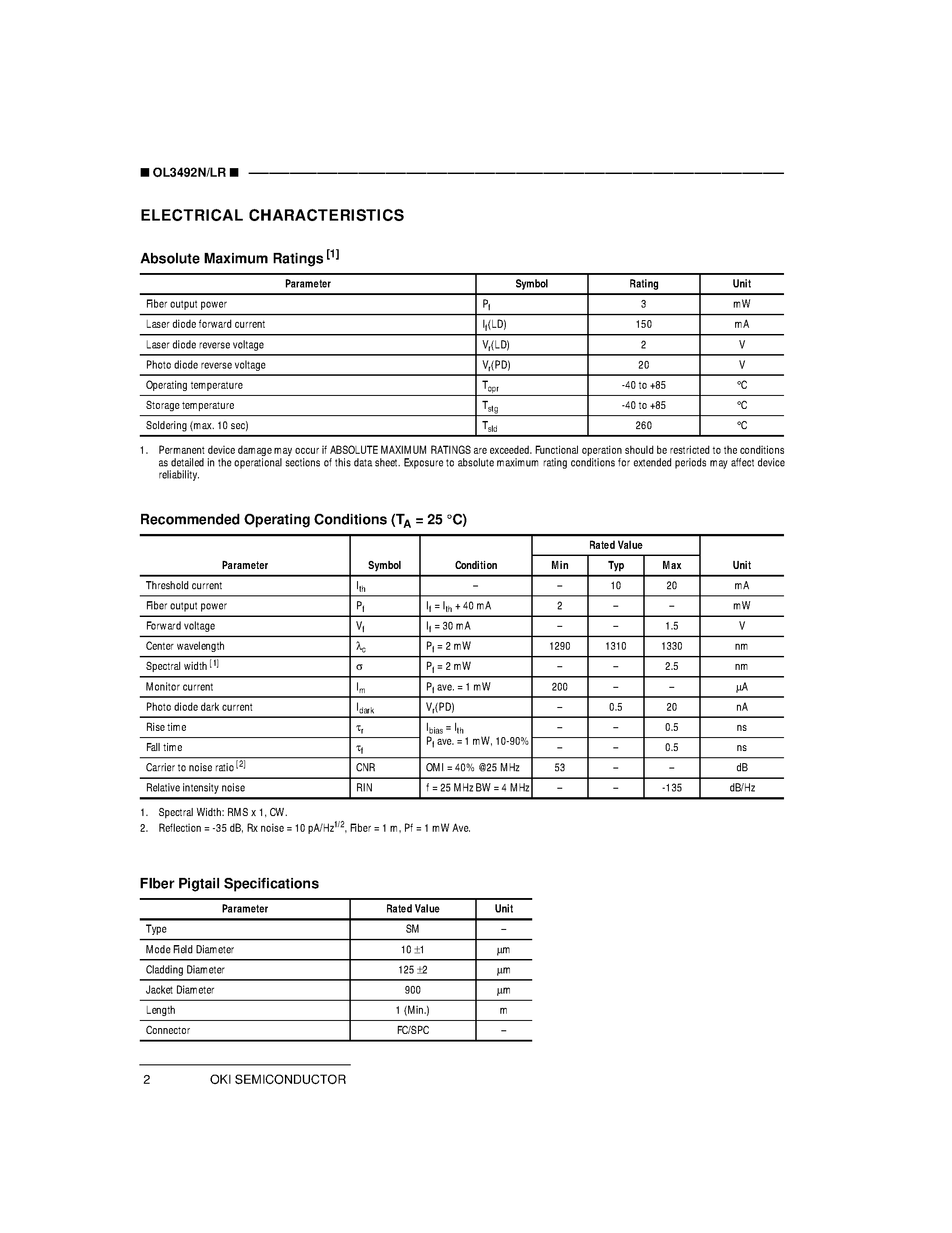 Datasheet OL3492N - Hight Temperature Operation 1.3 mm Laser-Diode Coaxial Module page 2