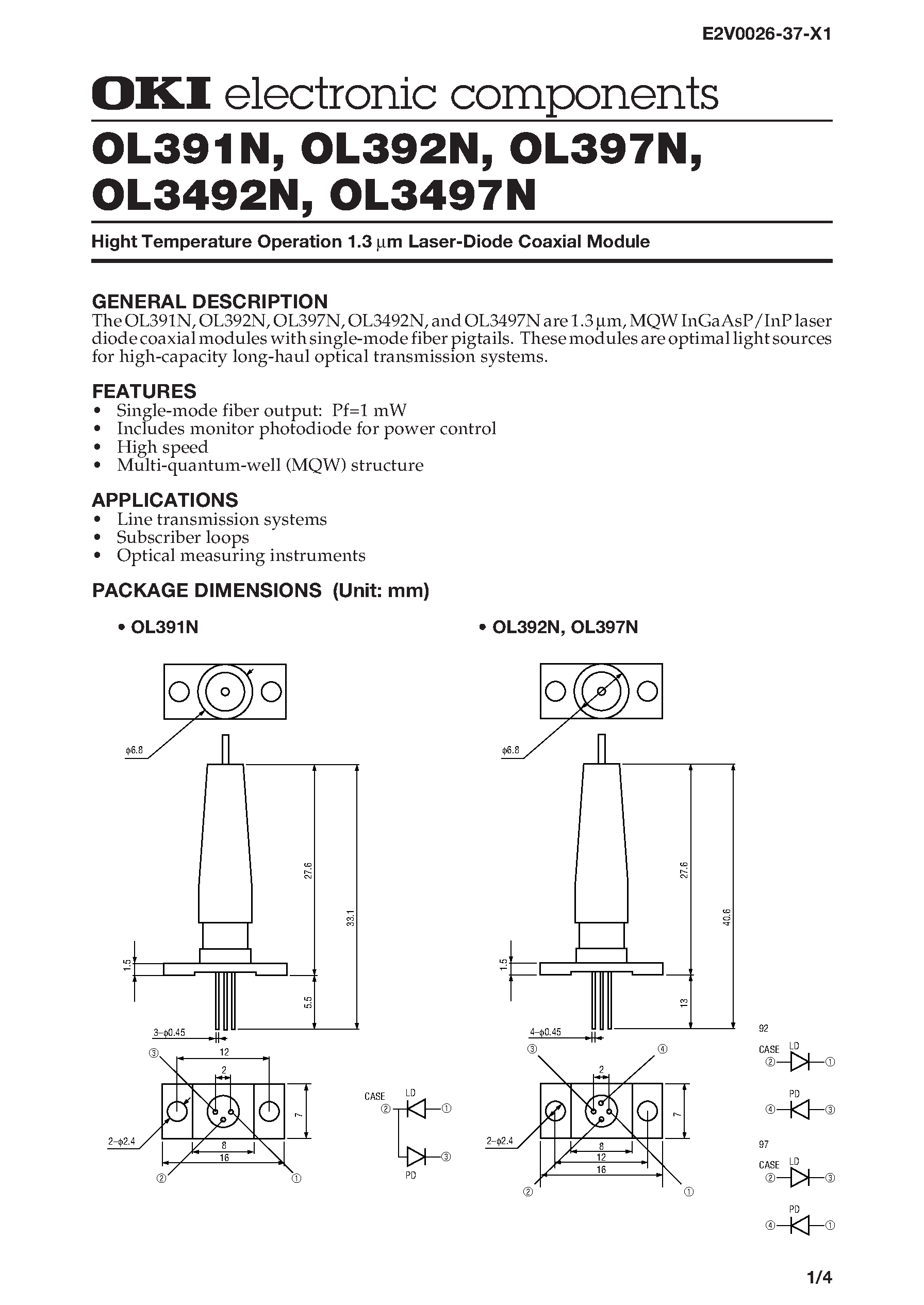 Datasheet OL392N - Hight Temperature Operation 1.3 mm Laser-Diode Coaxial Module page 1