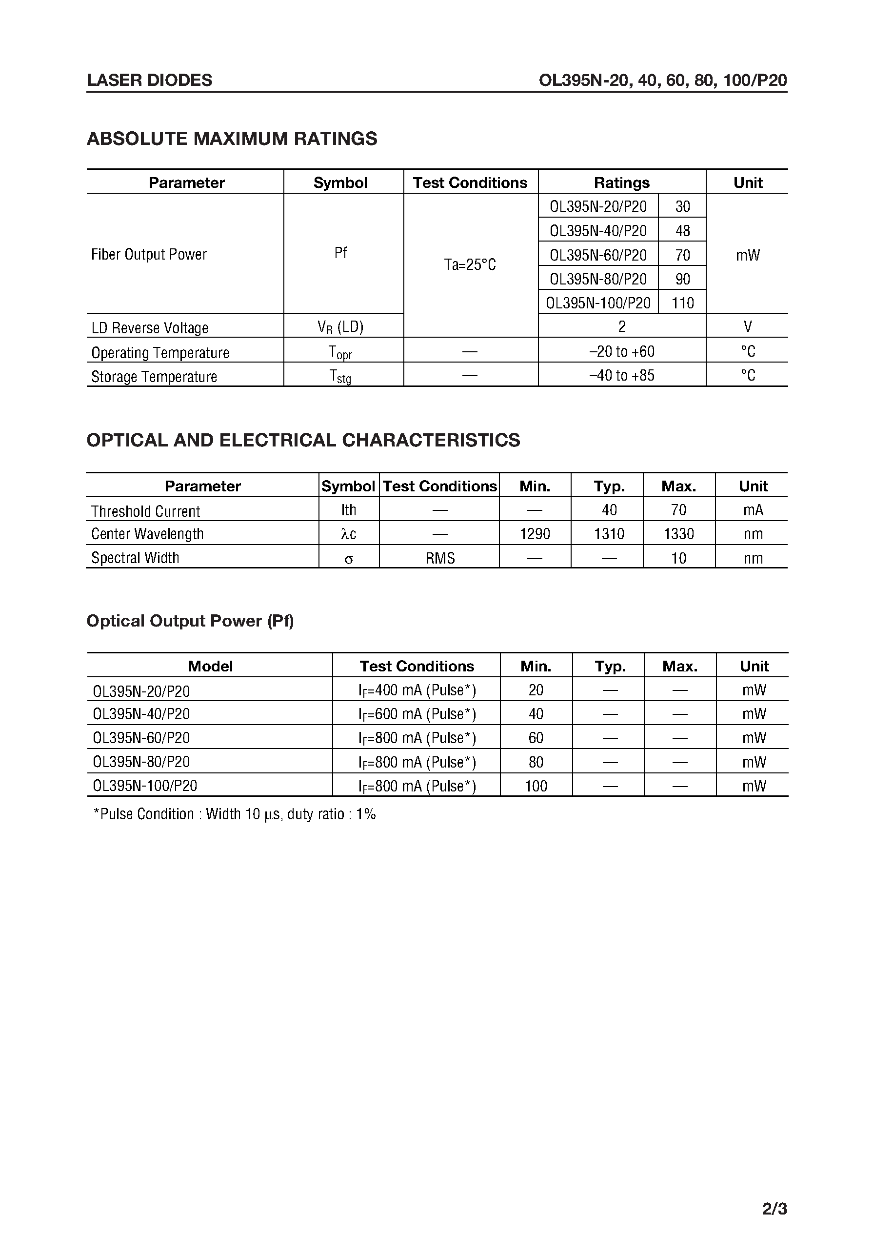 Даташит OL395N-40 - 1.3 m High-Power Laser-Diode Coaxial Module страница 2