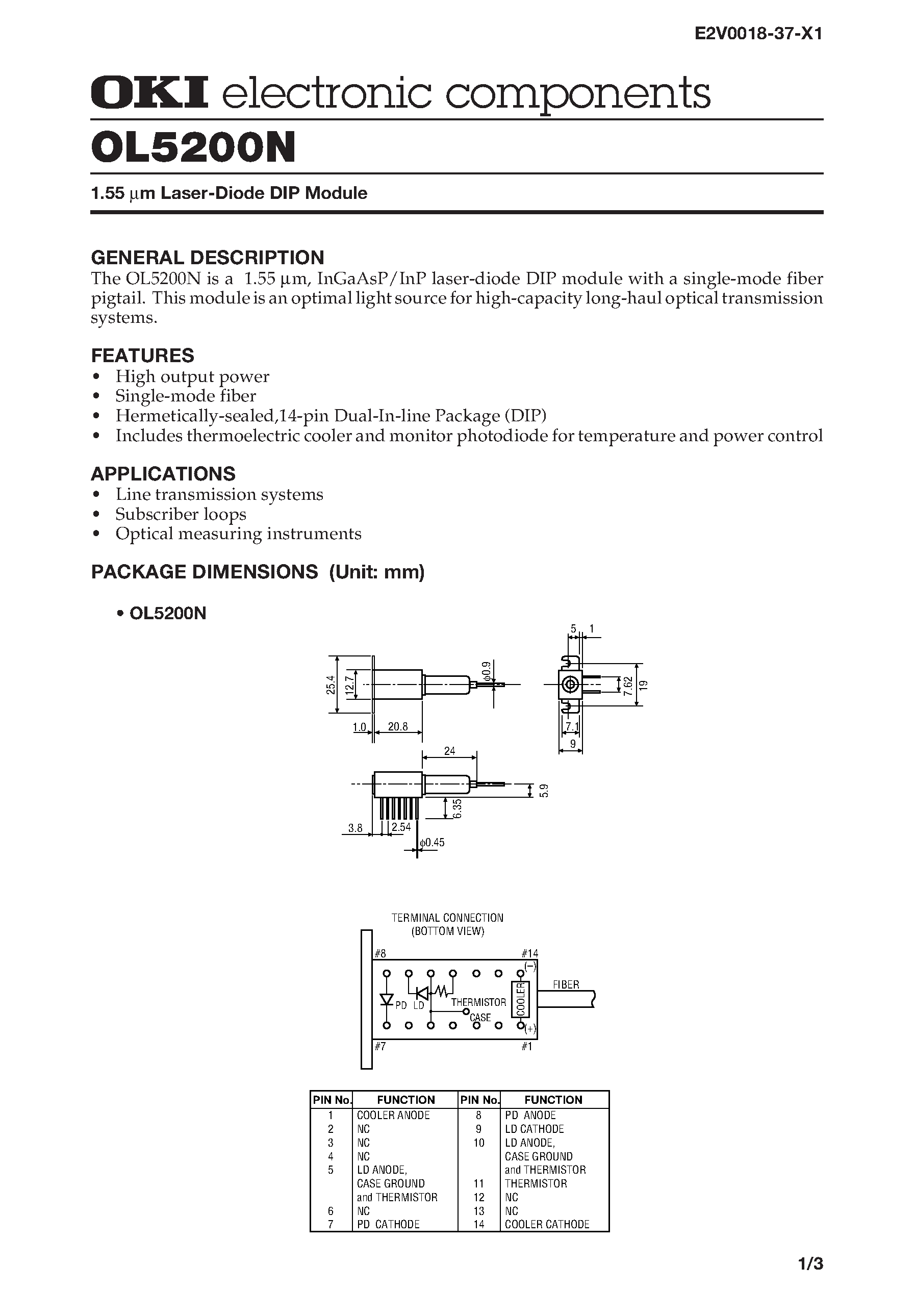 Даташит на микросхему OL5200N страница 1 Даташит OL5200N - 1.55 m Laser-Diode DIP Module страница 1