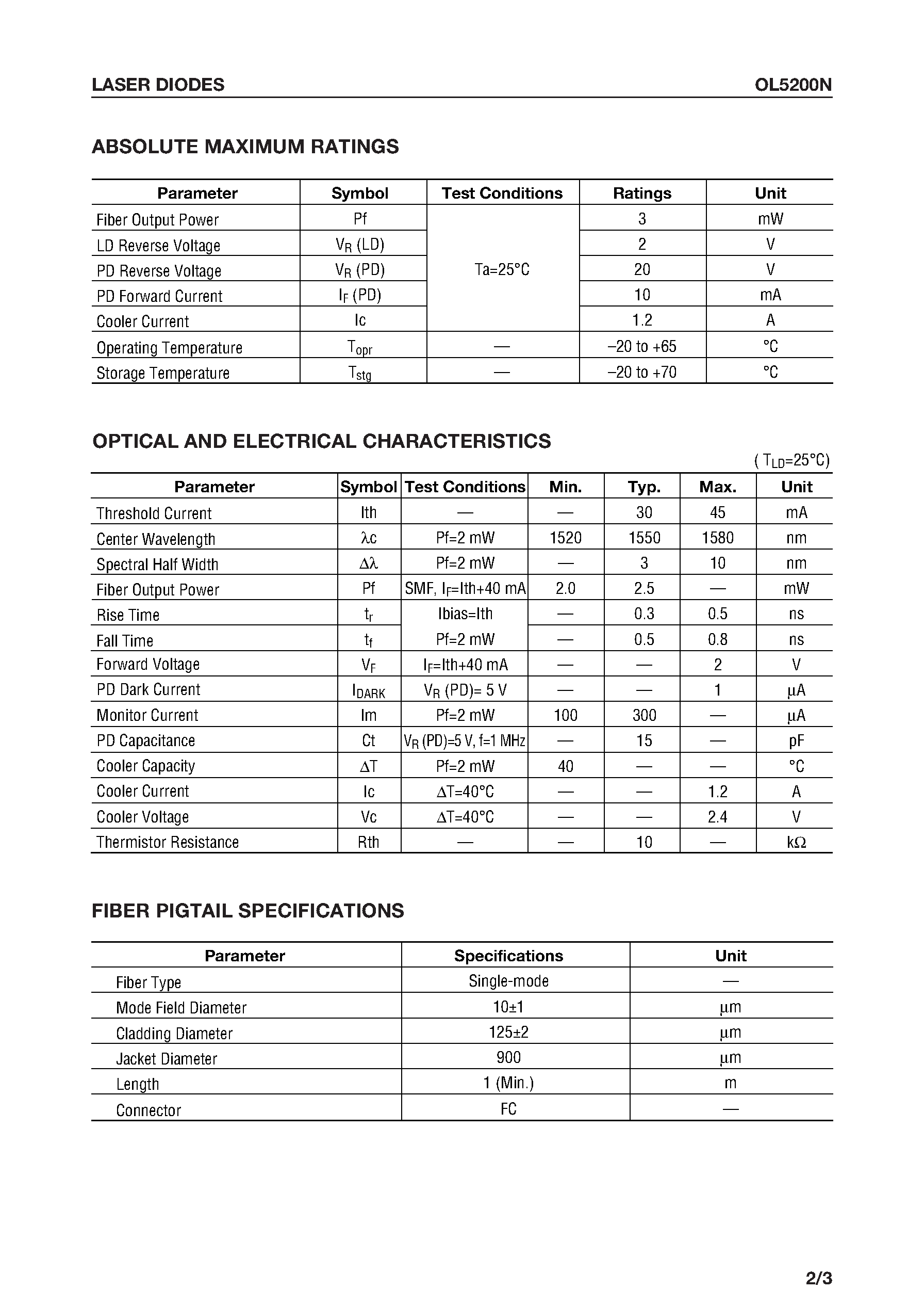 Даташит на микросхему OL5200N страница 2 Даташит OL5200N - 1.55 m Laser-Diode DIP Module страница 2