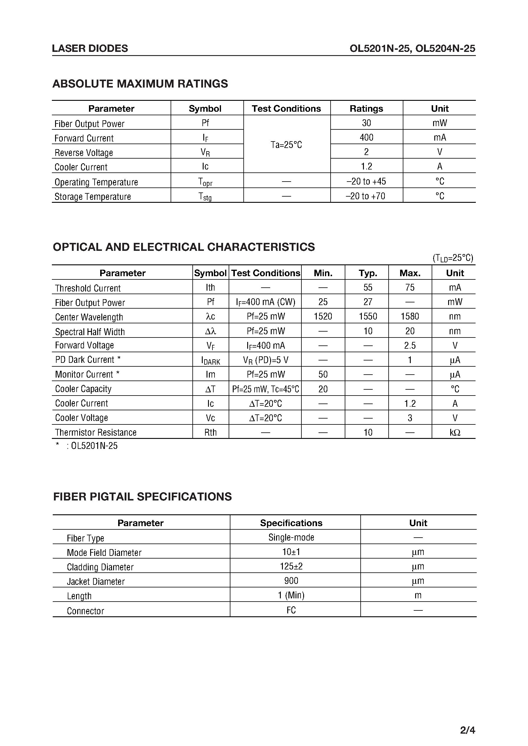 Даташит OL5204N-25 - 1.55 m High-Power Laser-Diode DIP Module страница 2