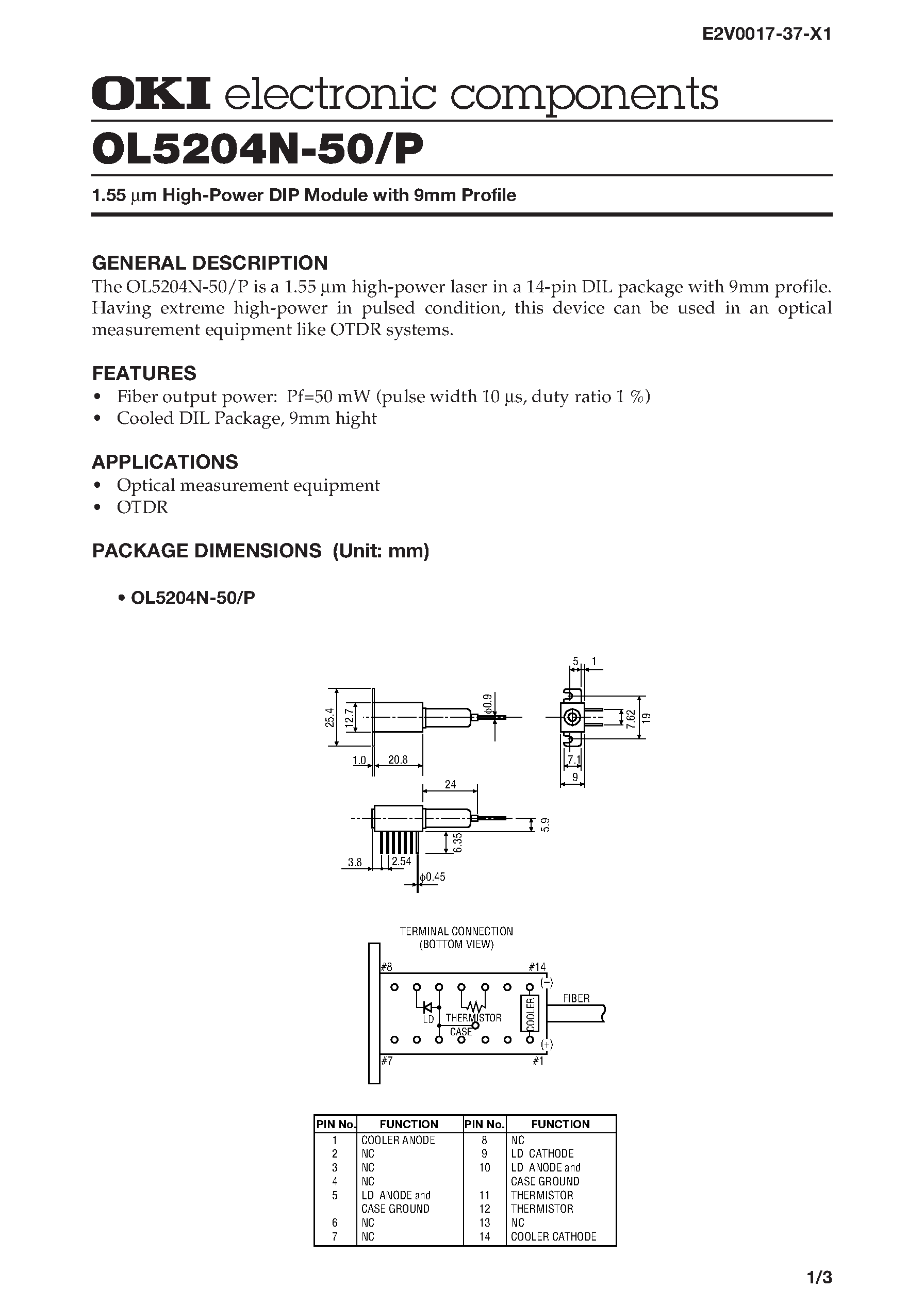 Datasheet OL5204N-50 - 1.55 mm High-Power DIP Module with 9mm Profile page 1